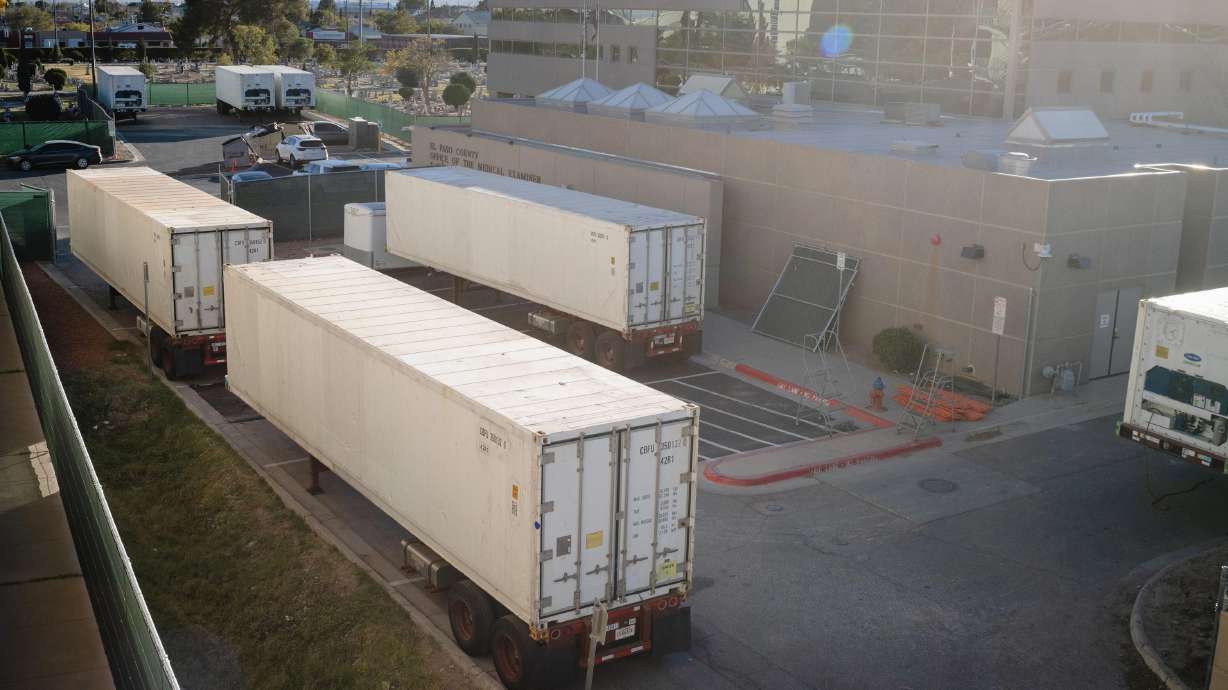 Refrigerated trailers serving as makeshift morgues are pictured outside of the El Paso County Medical Examiner's office in El Paso, Texas, on Nov. 16, 2020. Five mortuary trailers have been requested by the health services department in Texas, which is seeing a surge in COVID-19 cases.