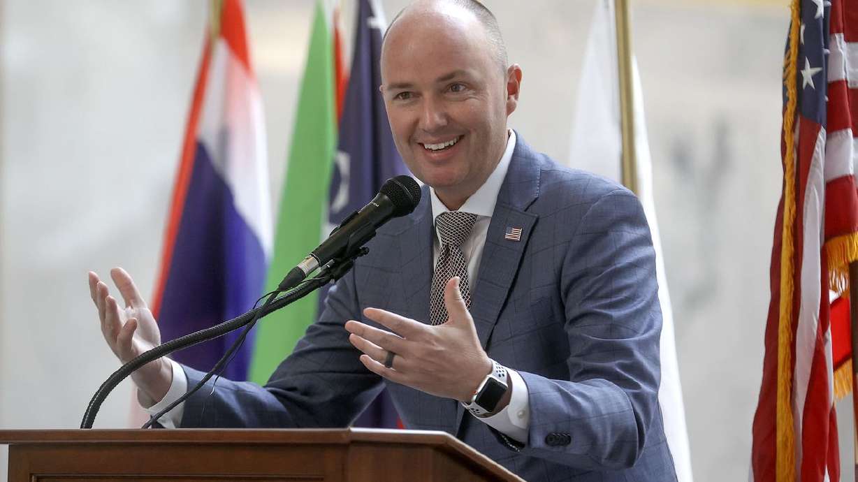 Gov. Spencer Cox speaks at a naturalization ceremony for 14 refugees at the Capitol during World Refugee Week in Salt
Lake City on Tuesday, June 15, 2021. Refugees from the chaos in Afghanistan could eventually find their way to Utah.