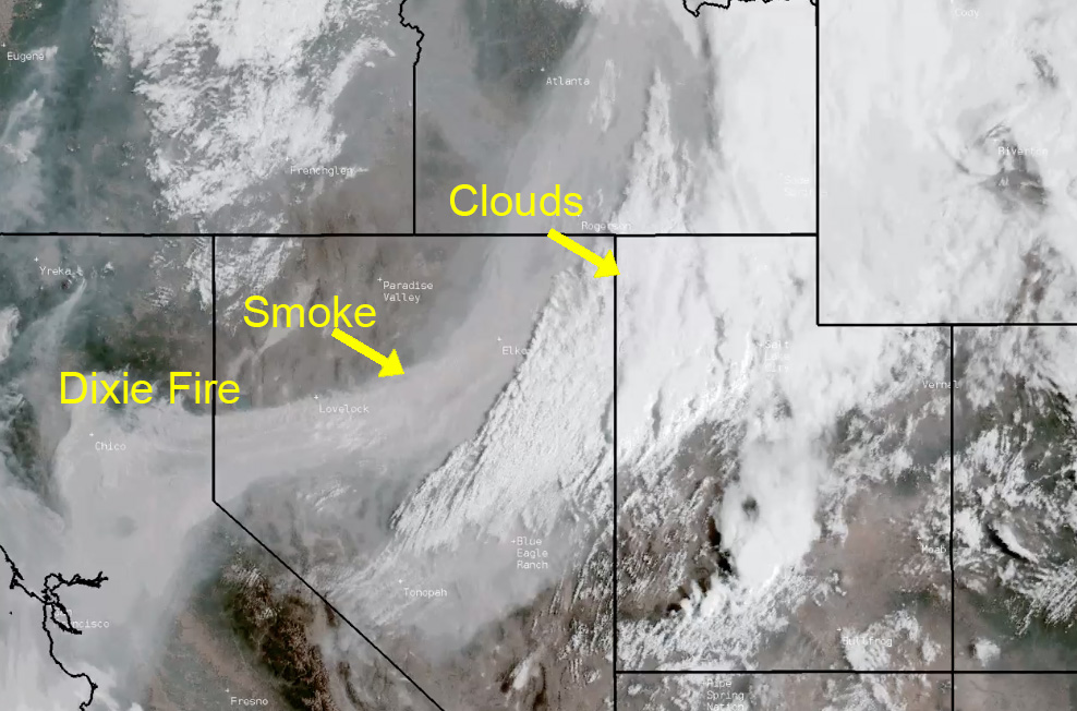 This radar image shows clouds and smoke over the West U.S. as of Wednesday morning. The image shows where the smoke and storm clouds merge. It also shows where the smoke is originating from, which is predominantly by the Dixie Fire in northern California.
