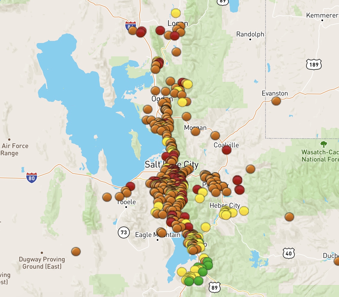 This map shows air quality sensor readings from Payson to Logan as of 11:30 a.m. Wednesday. Sensors in areas north of Springville in Utah County generally had readings in levels considered unhealthy for sensitive groups or unhealthy for anyone at the time.