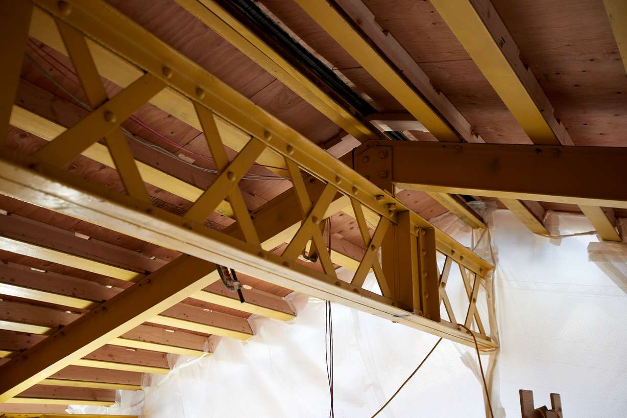A view of the original trusses in the attic of the Salt Lake Temple that were installed in the 1800s are shown in this June photo. New trusses are being installed next to the original trusses to help stiffen the temple as part of the seismic upgrade.