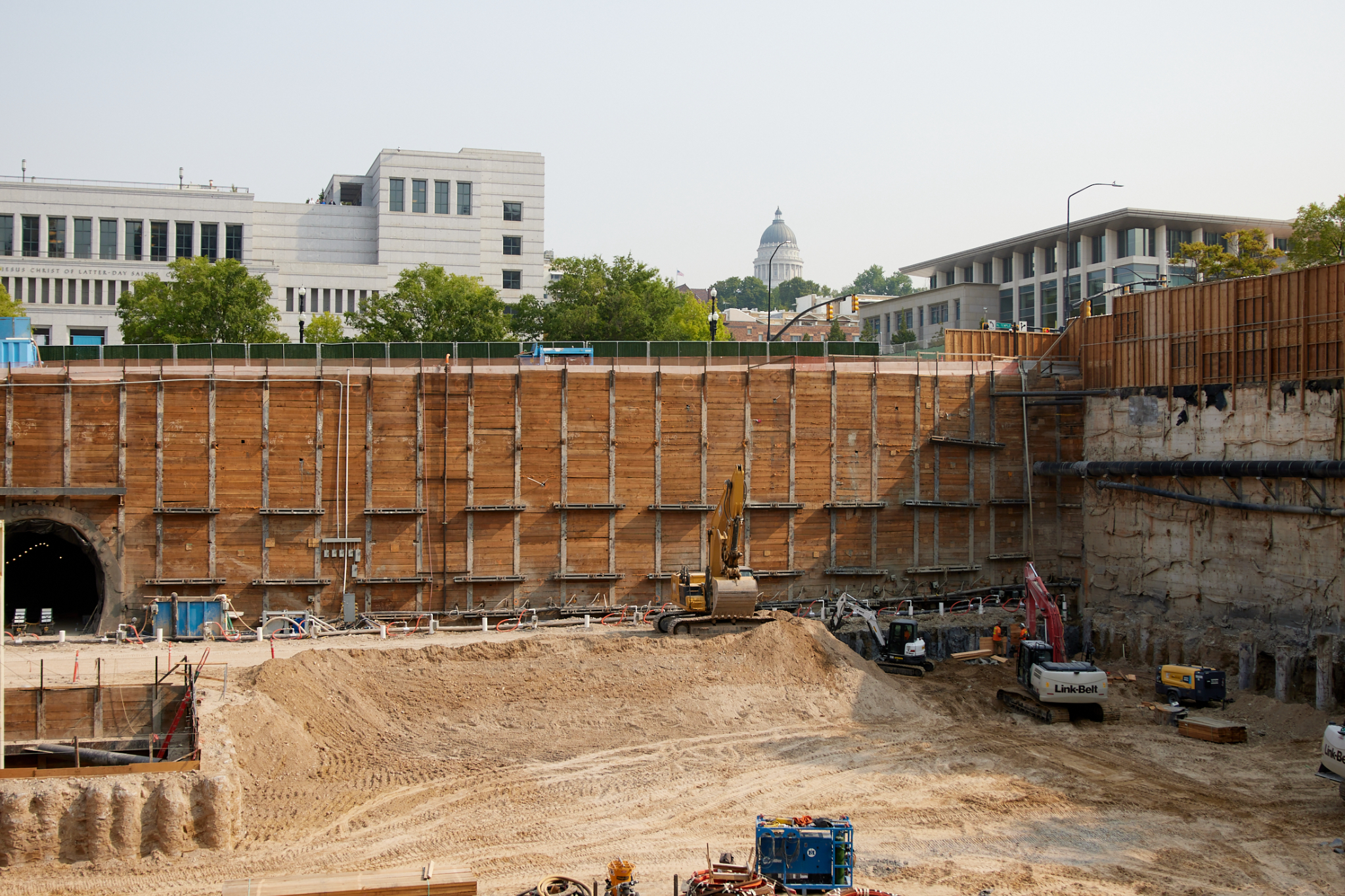 Excavation has reached 45 feet below street level on the Salt Lake Temple renovation project. Twenty more feet of soil will be removed before construction begins on the three-level underground north addition. This photo was taken in August 2021.
