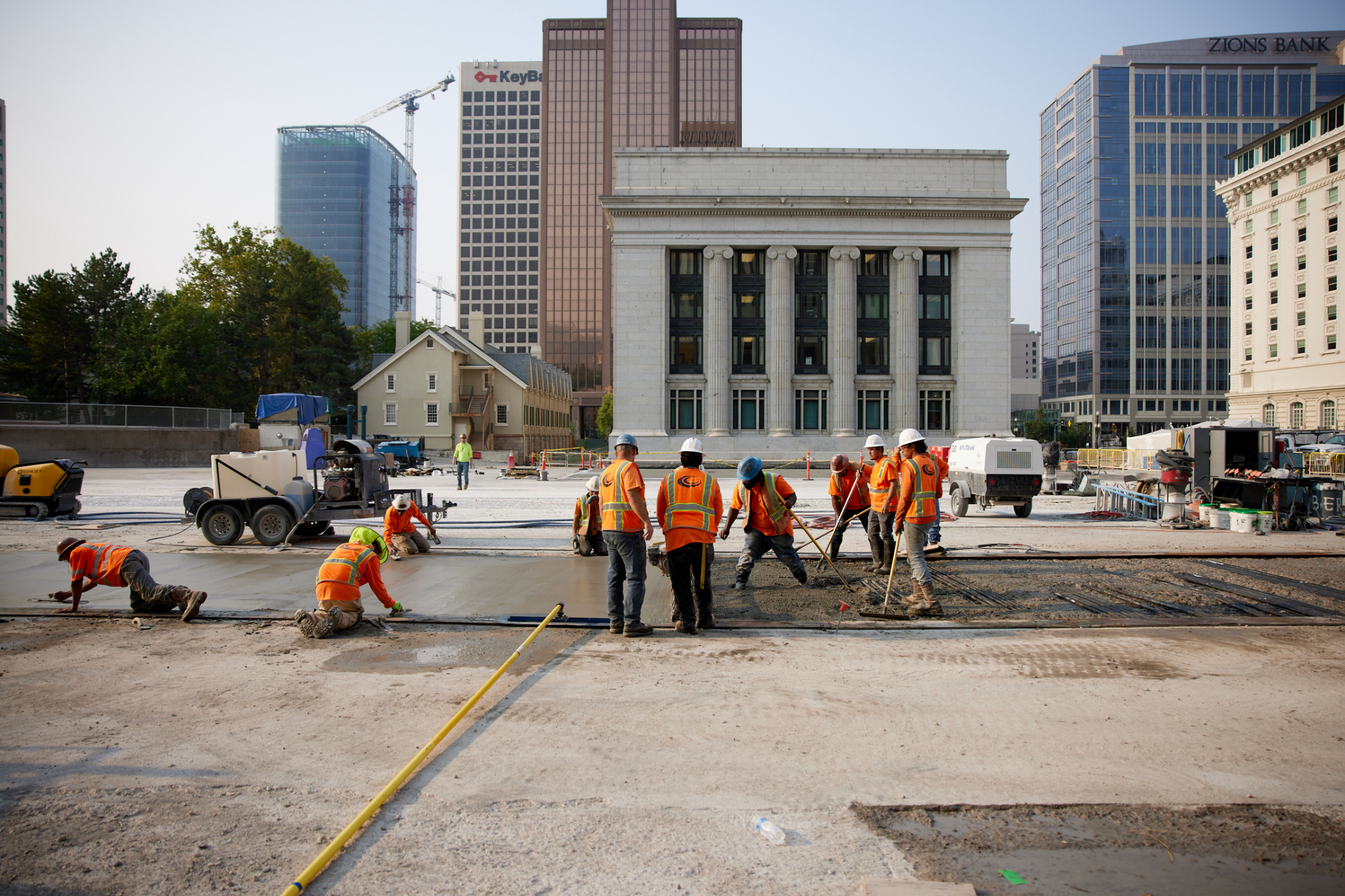 Crews replace delaminated concrete on the Church Office Building plaza. The entire plaza will be re-waterproofed to prevent future leaking into the underground employee parking garage.