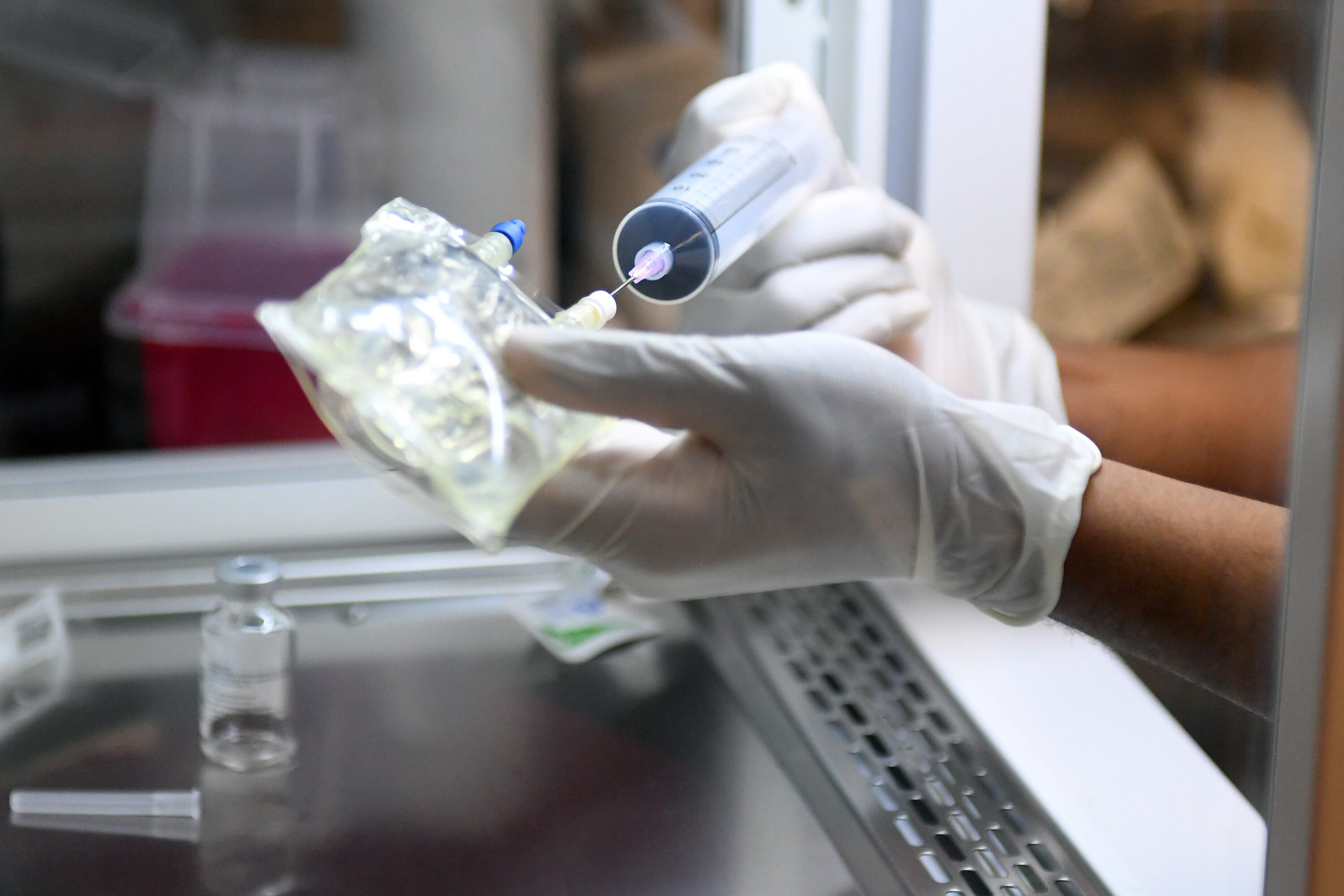 Bamlanivimab, a monoclonal antibody infusion administered to individuals who are already diagnosed with COVID-19, is seen at a family health center.