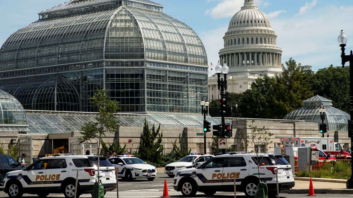 U.S. Capitol Police vehicles and other emergency vehicles respond as police investigated reports of a suspicious vehicle near the U.S. Capitol in Washington on Thursday. A man who claimed to have a bomb in a pickup truck near the U.S. Capitol was taken into custody by police on Thursday after a five-hour standoff.
