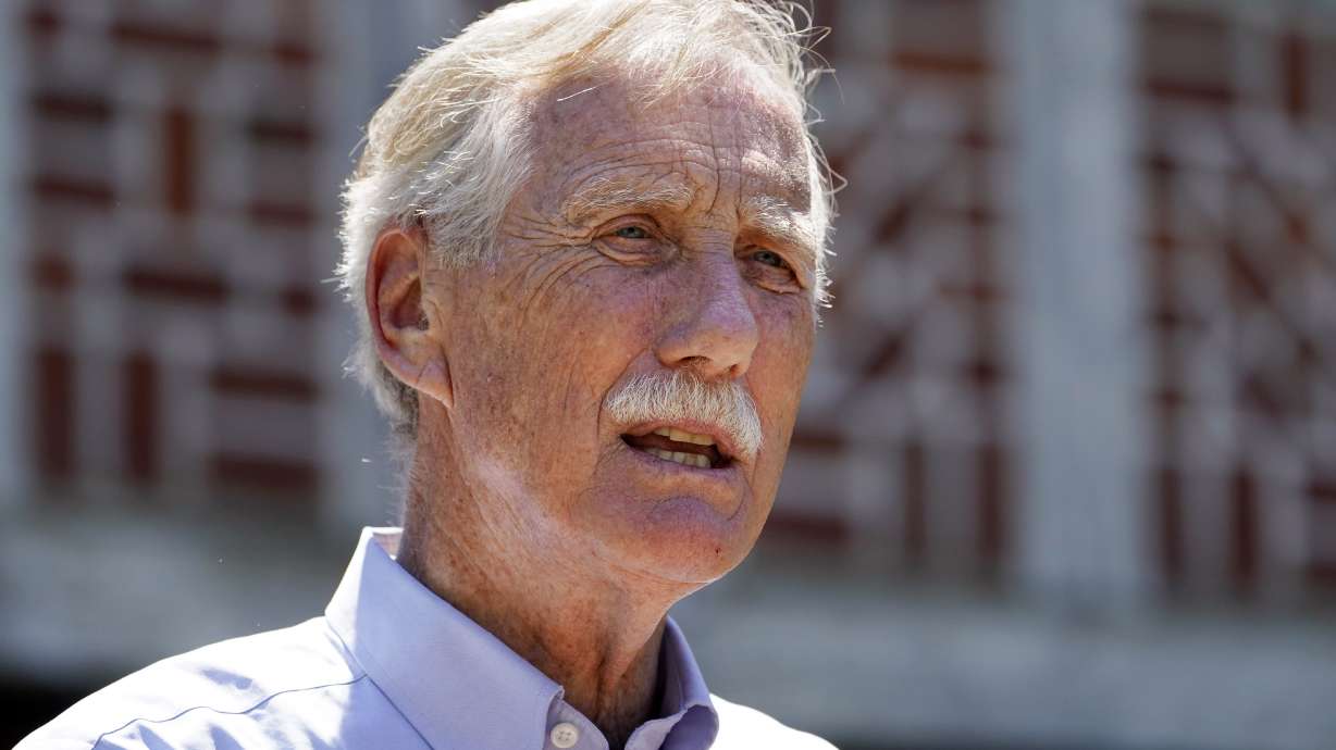 Sen. Angus King, I-Maine, speaks at Acadia National Park in Winter Harbor, Maine June 18. King tested positive for COVID-19 on Thursday.