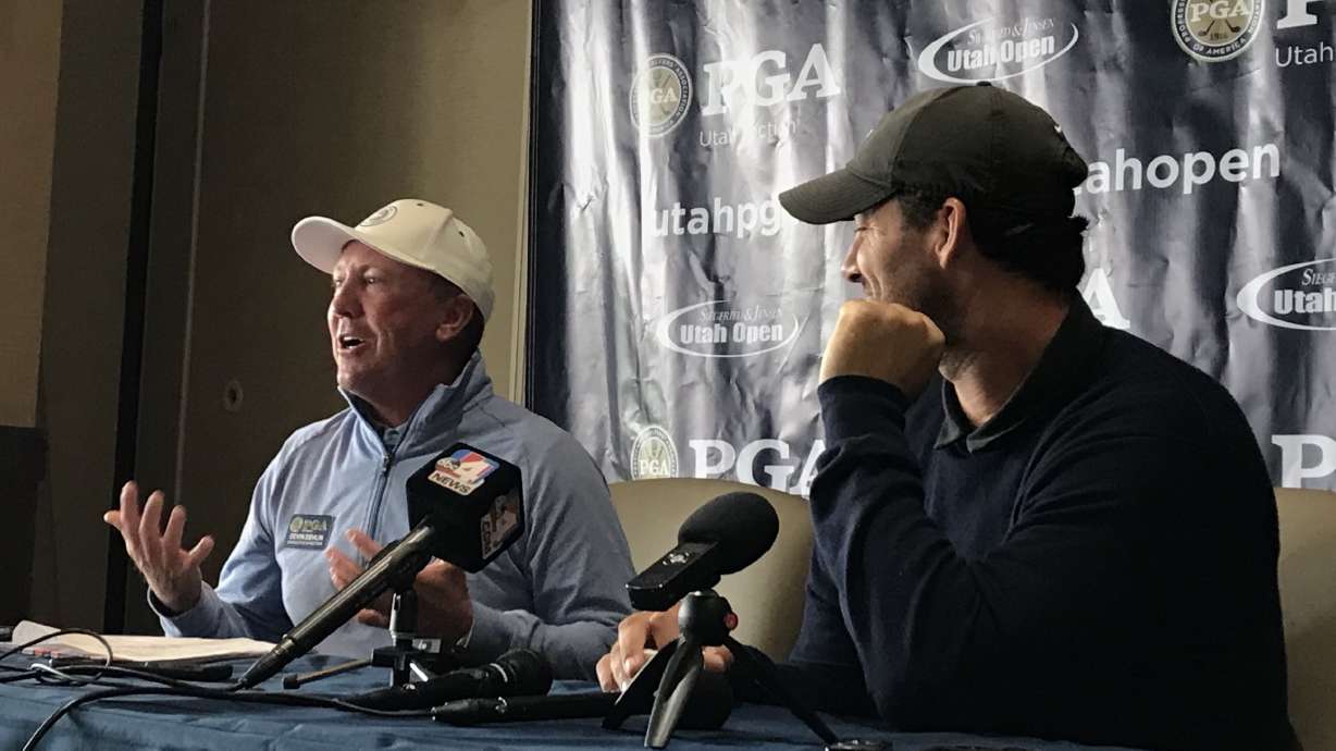 Former Dallas Cowboys quarterback Tony Romo speaks during a media event with Utah Section PGA president Devin Dehlin ahead of the Utah Open, Thursday, Aug. 19, 2021 at Riverside Country Club in Provo.