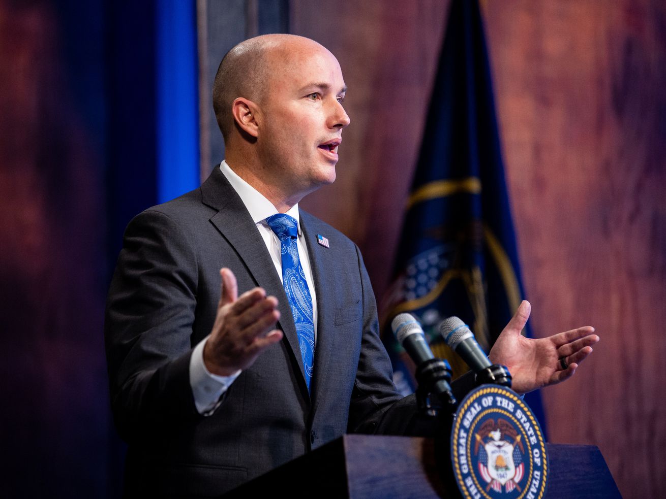 Gov. Spencer Cox speaks during his monthly news conference at PBS Utah in Salt Lake City on Thursday, March 18, 2021. Cox called a letter from the U.S. Department of Education warning that Utah could face legal action for outlawing school mask mandates meant to protect students against COVID-19 "extremely unhelpful."