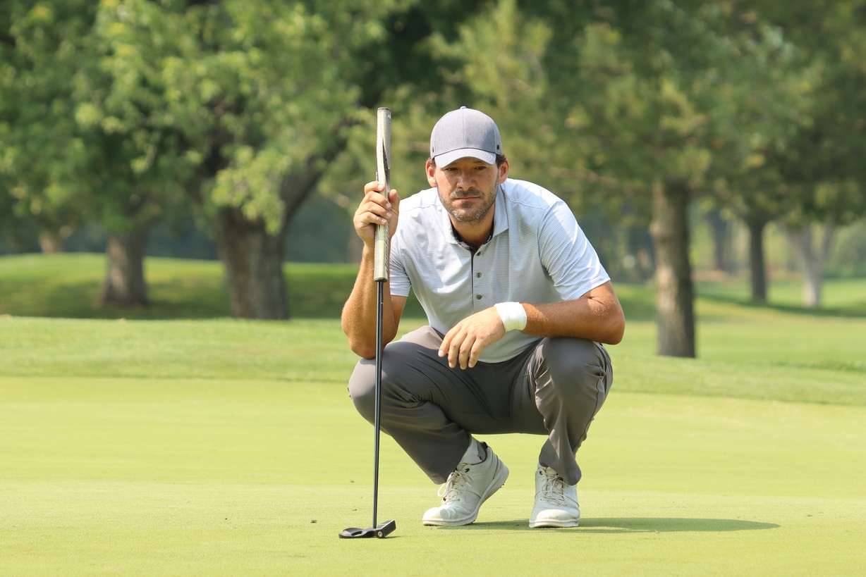 Former Dallas Cowboys quarterback Tony Romo lines up a putt during the first round of the Siegfried and Jensen Utah Open, Friday, Aug. 20, 2021 at Riverside Country Club in Provo.