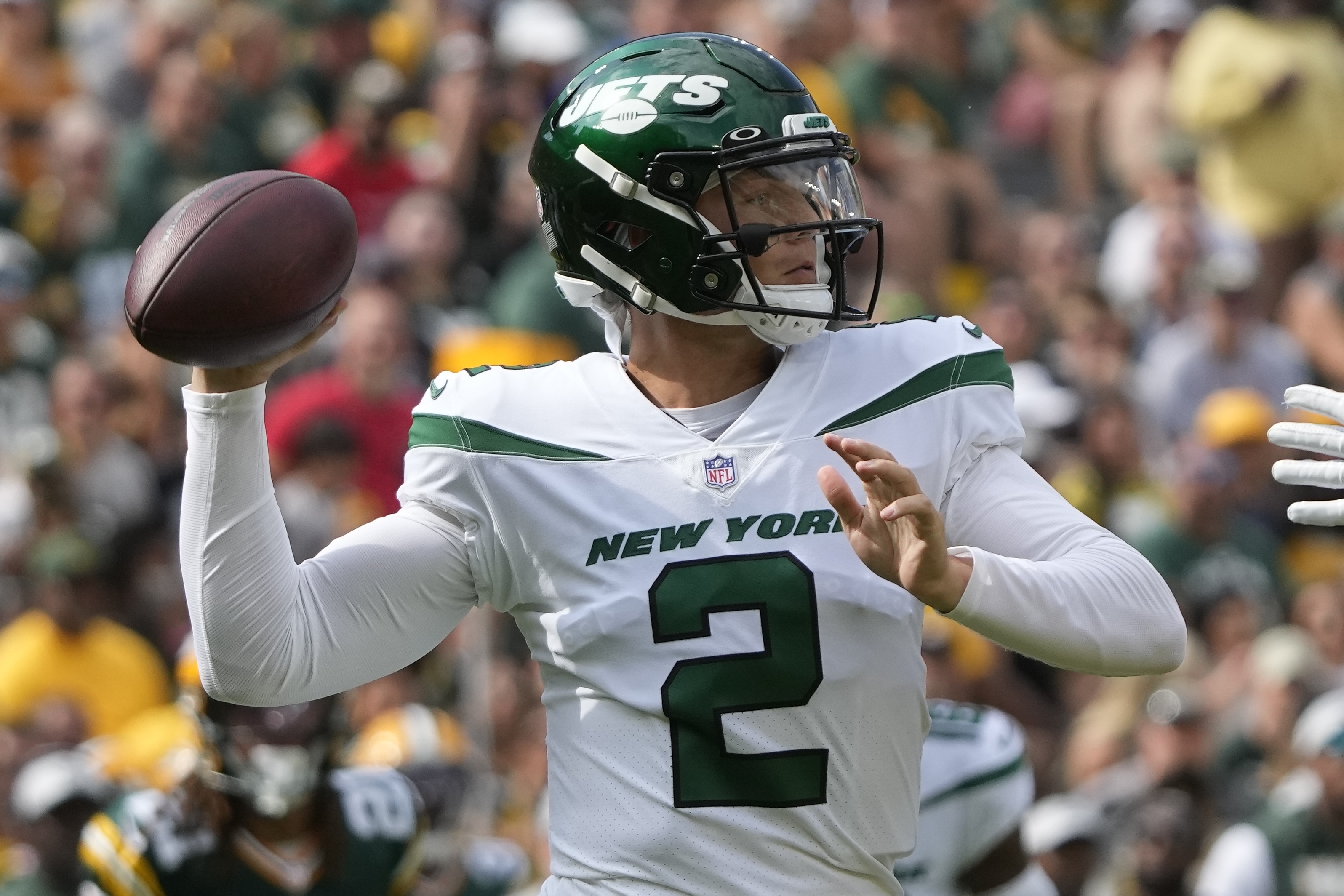 New York Jets' Zach Wilson throws during the first half of a preseason NFL football game against the Green Bay Packers Saturday, Aug. 21, 2021, in Green Bay, Wis.