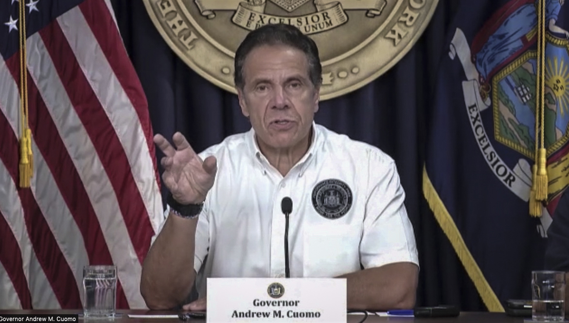 New York Gov. Andrew Cuomo speaks during a Zoom-cast news briefing, Saturday Aug. 21, 2021, in New York. Cuomo declared a state of emergency for parts of the state and urged people to heed warnings, as the newly upgraded Hurricane Henri closed in on the Northeast.