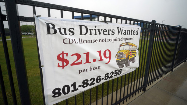 A "Bus Drivers Wanted" sign is shown Aug. 18, 2021, in Sandy, Utah.