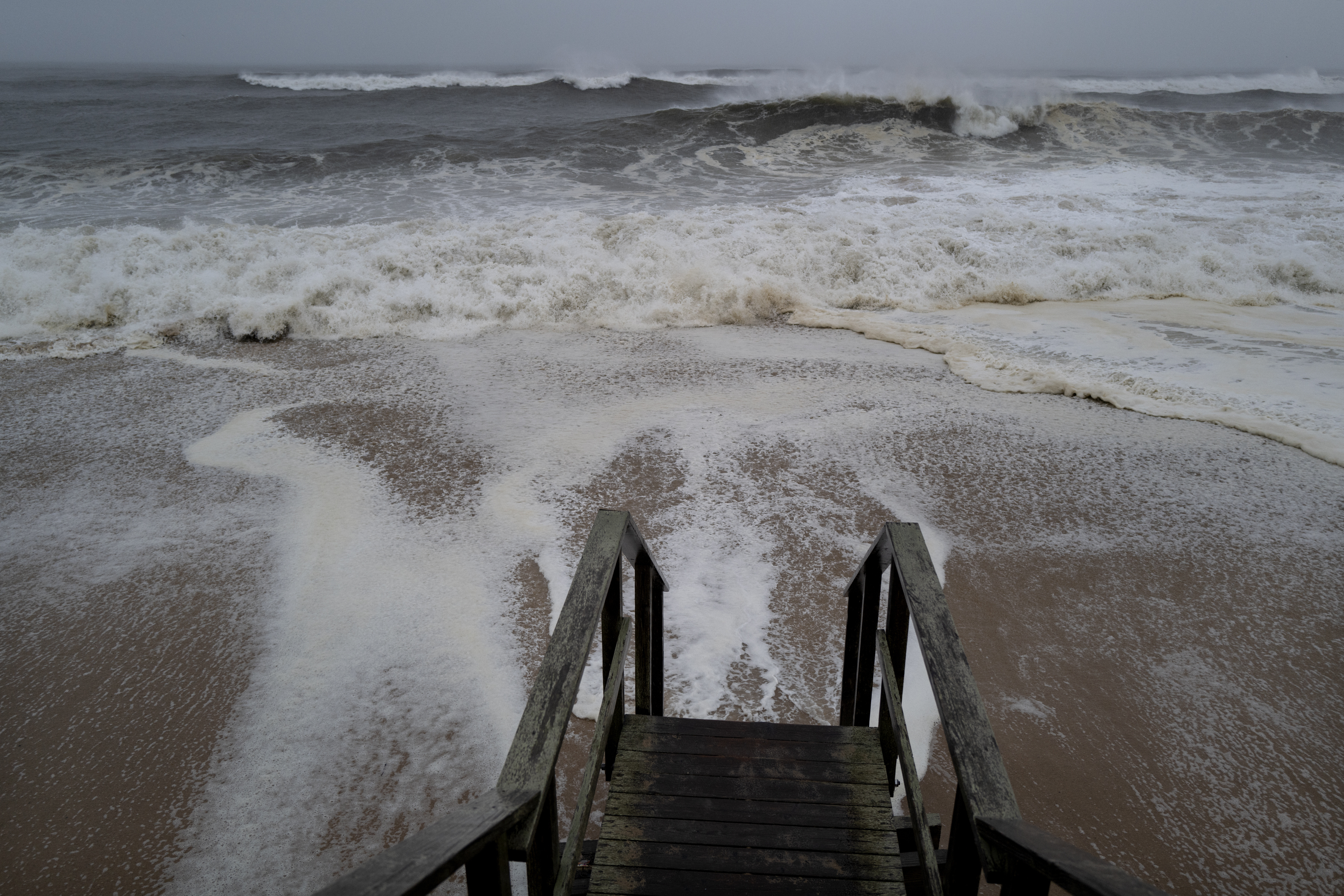 Waves pound the beaches of Montauk, N.Y., Sunday, as a severe weather system approaches.