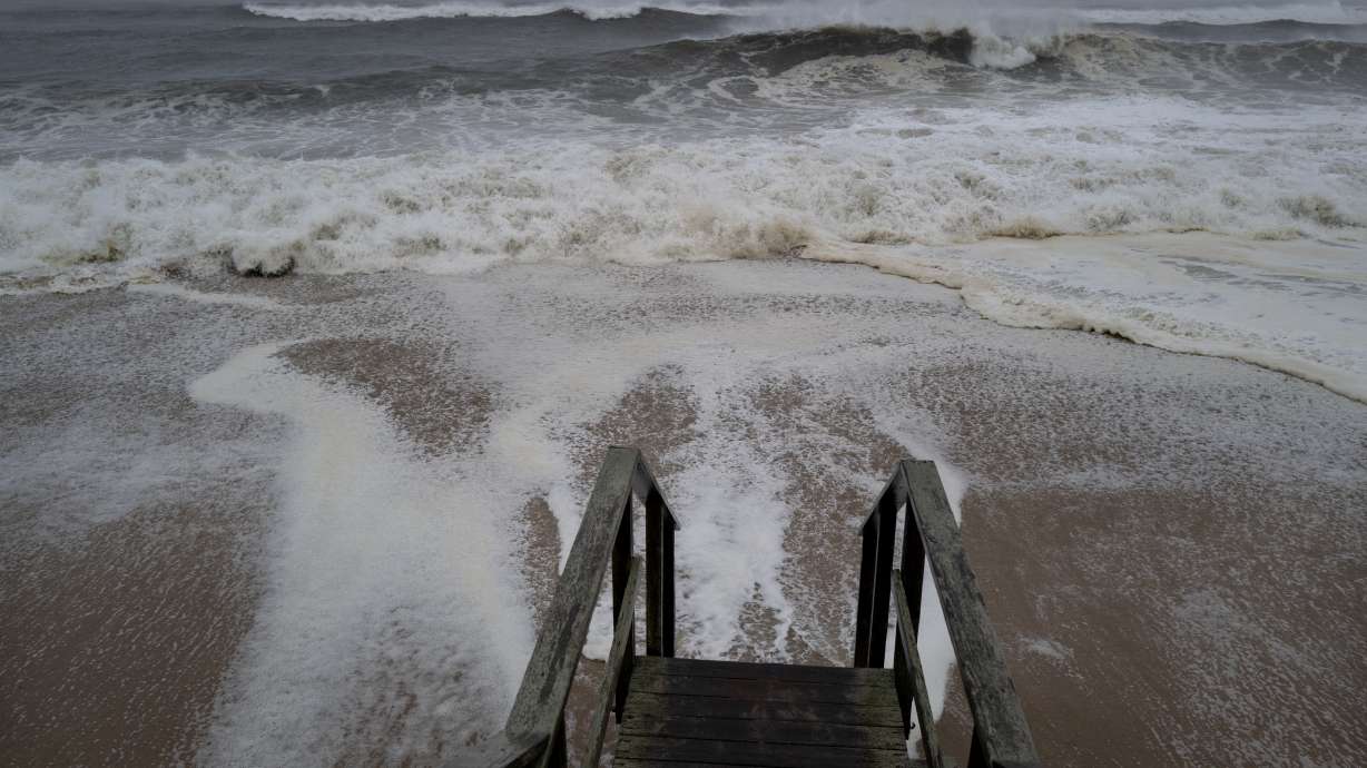 Waves pound the beaches of Montauk, N.Y., Sunday, as a severe weather system approaches.