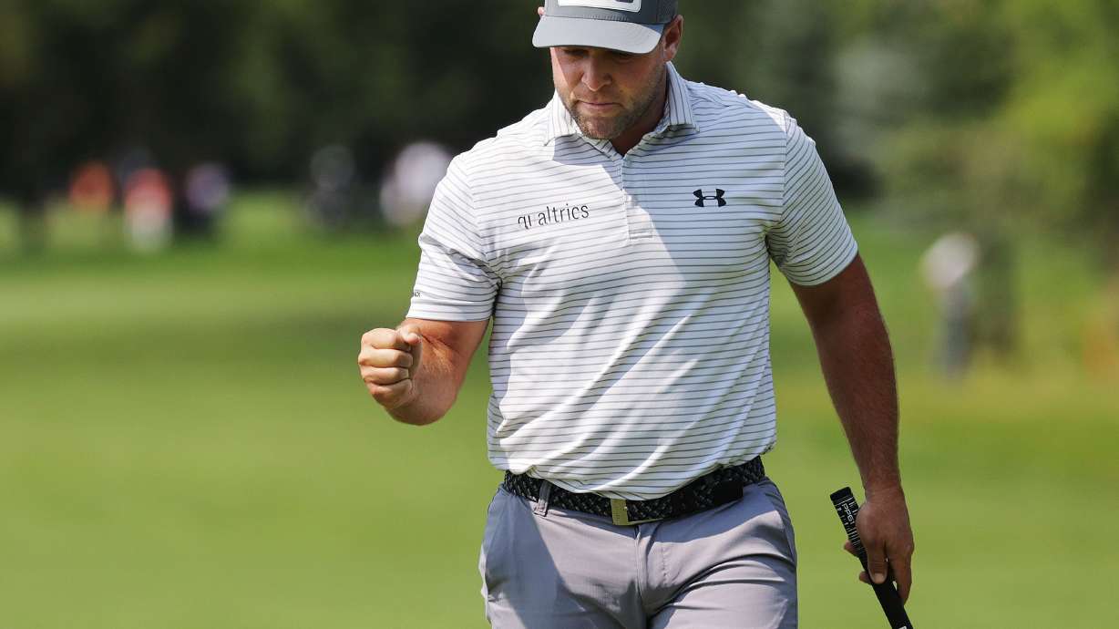 Daniel Summerhays celebrates a putt during the final round of the Utah Open in Provo on Sunday, Aug. 22, 2021. Summeryhays finished tied for third.