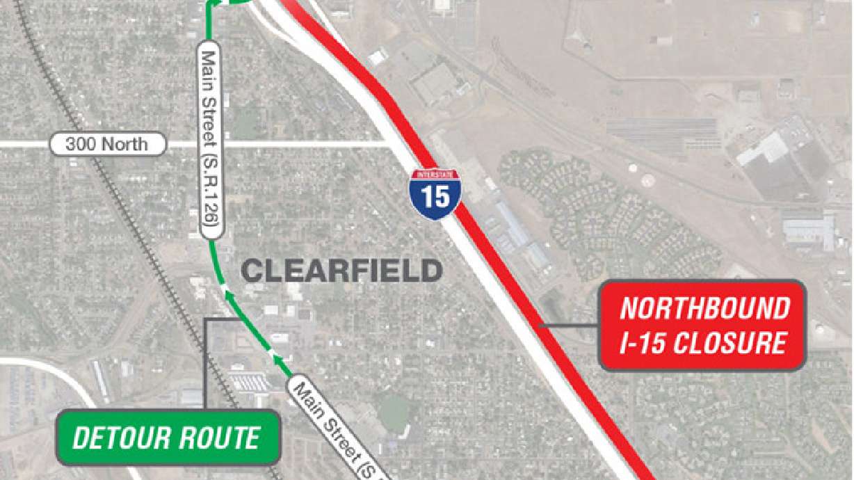 I-15 northbound will close between 700 South and 650 North in Clearfield Monday night for construction work.