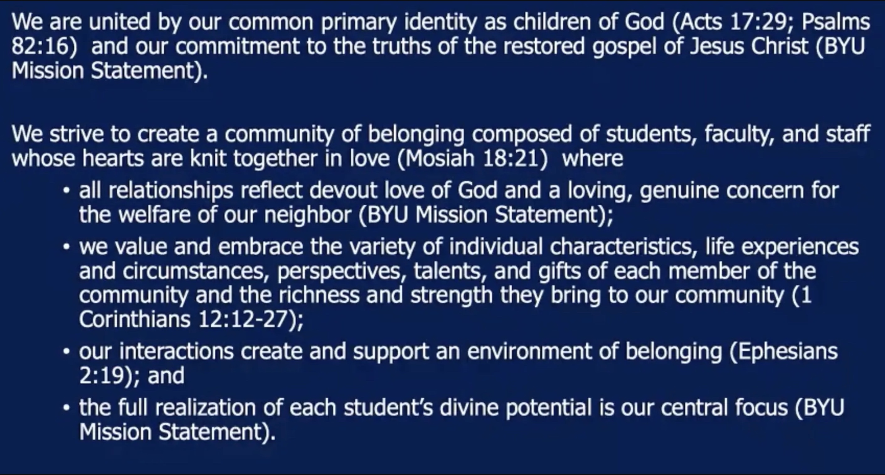 BYU President Council’s vision statement of guiding principles for evaluating and implementing recommendations of the Committee on Race, Equity & Belonging