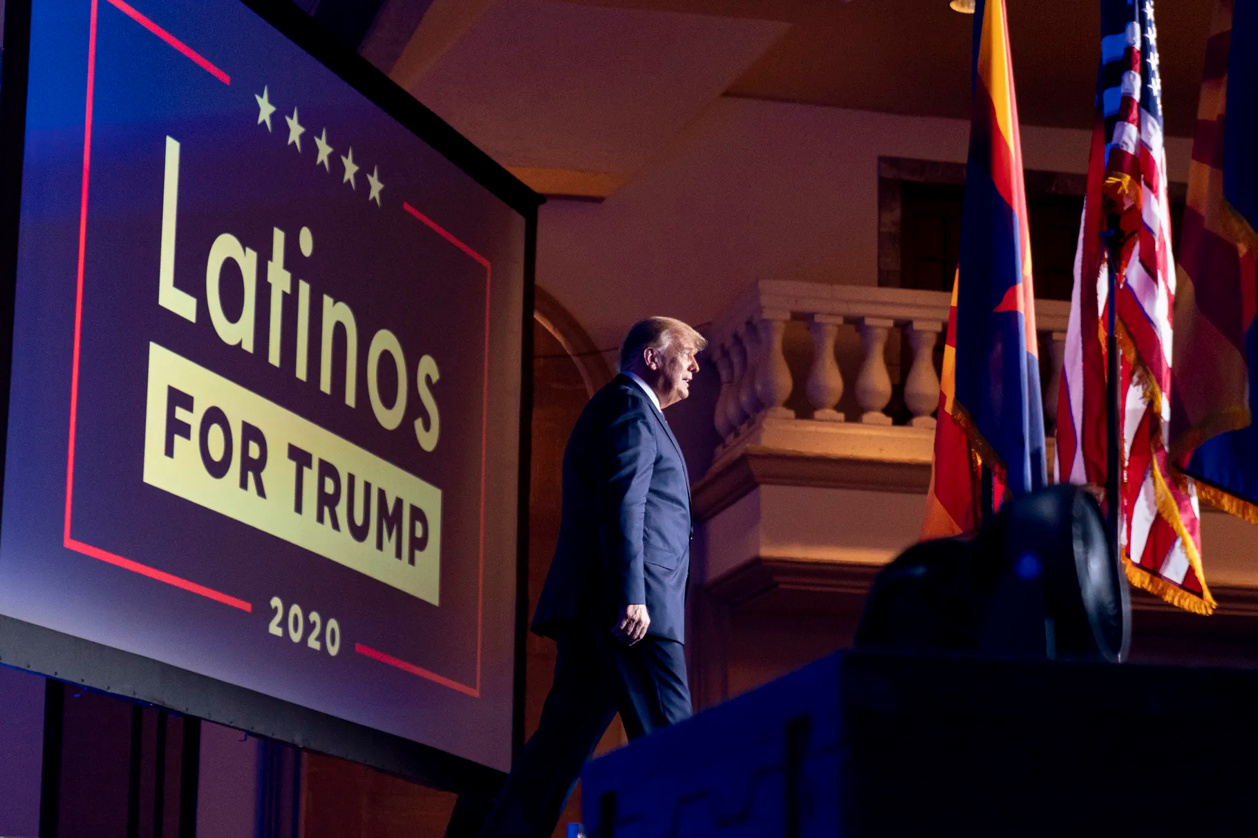 In this Sept. 14, 2020, file photo, President Donald Trump arrives for a Latinos for Trump Coalition roundtable at Arizona Grand Resort & Spa in Phoenix. 