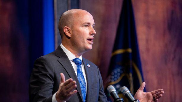 Gov. Spencer Cox speaks during his monthly news conference in Salt Lake City on March 18. Cox called a letter from the U.S. Department of Education warning that Utah could face legal action for outlawing school mask mandates meant to protect students against COVID-19 "extremely unhelpful."