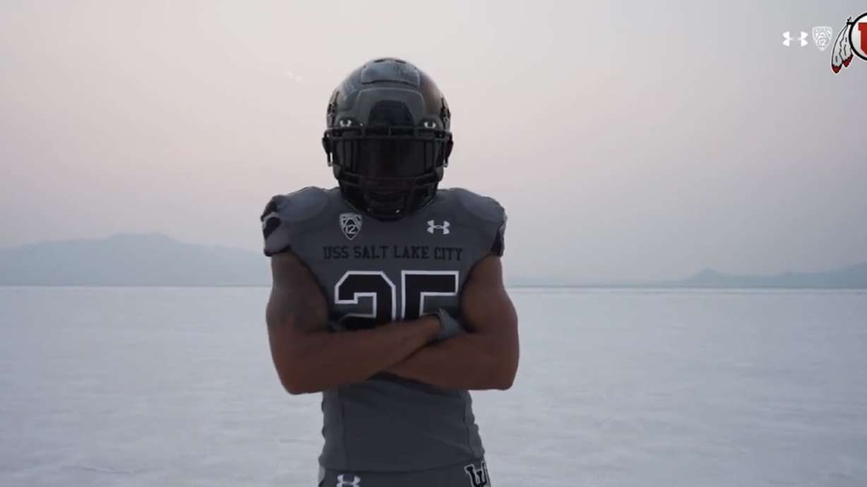 A screenshot from a video debut from the University of Utah of its USS Salt Lake City uniform.