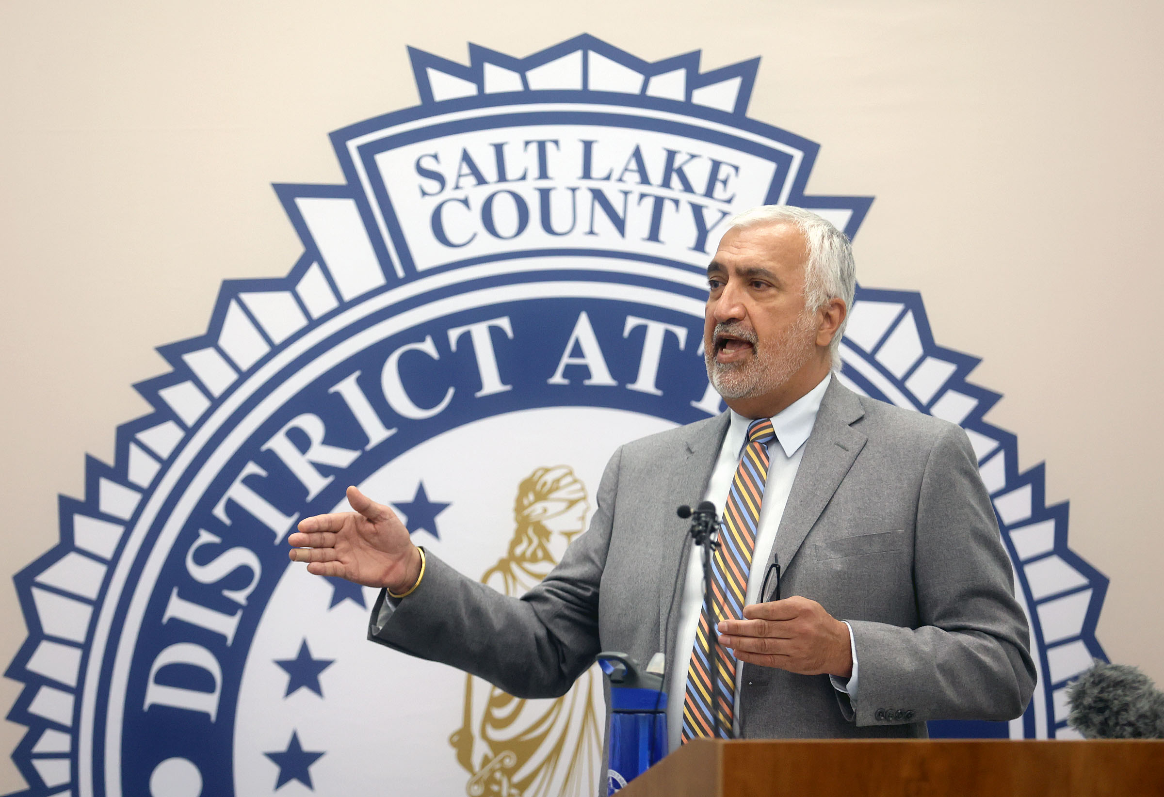 District Attorney Sim Gill speaks during a press conference about Conviction Integrity Panel findings at the Salt Lake County District Attorney's Office building in Salt Lake City on Tuesday.