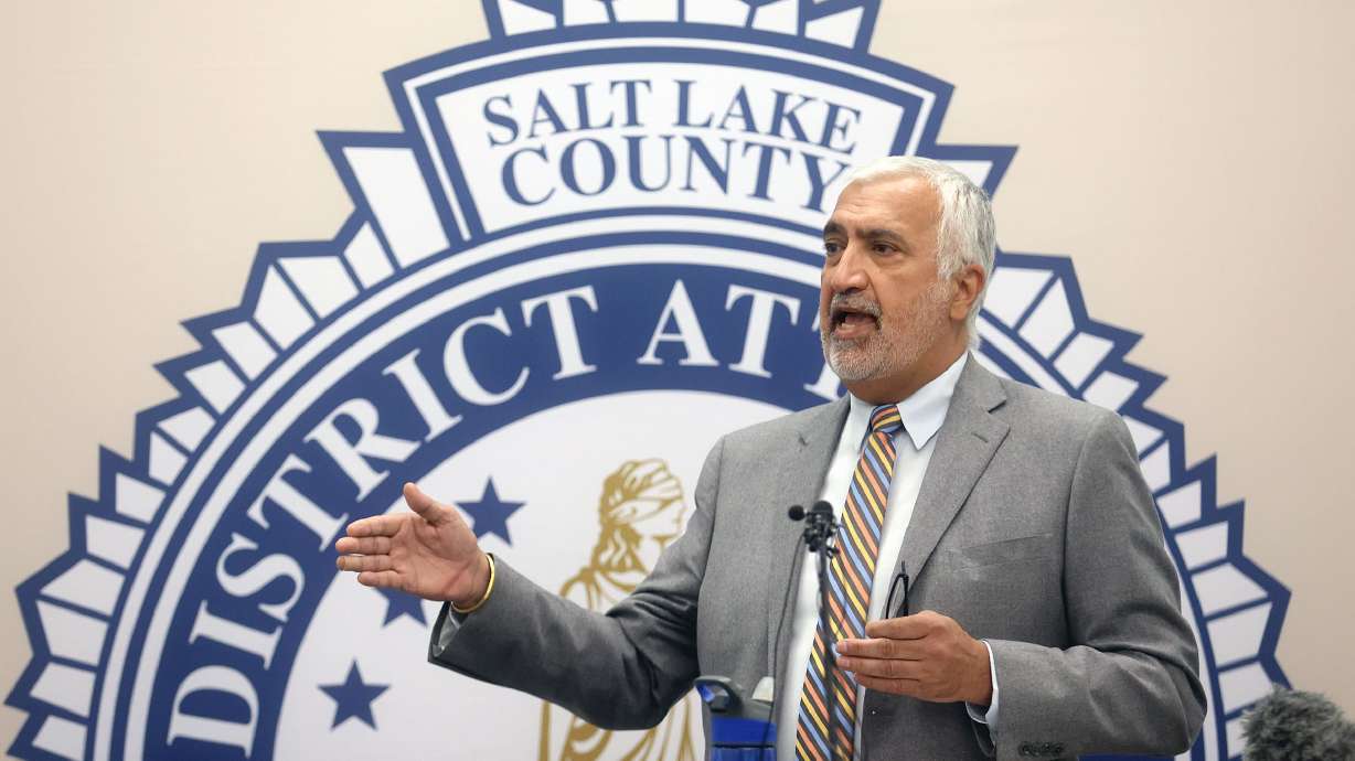 District Attorney Sim Gill speaks during a press conference about Conviction Integrity Panel findings at the Salt Lake County District Attorney's Office building in Salt Lake City on Tuesday.