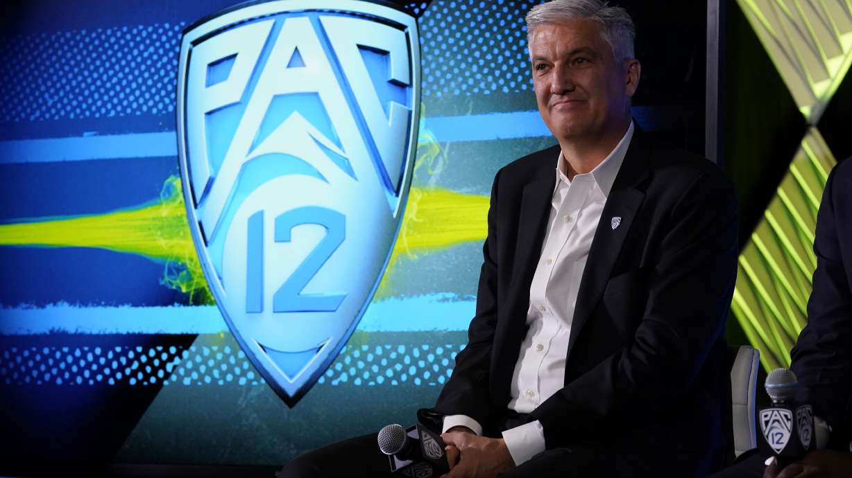 Pac-12 Commissioner George Kliavkoff fields questions during the Pac-12 Conference NCAA college football Media Day Tuesday, July 27, 2021, in Los Angeles.