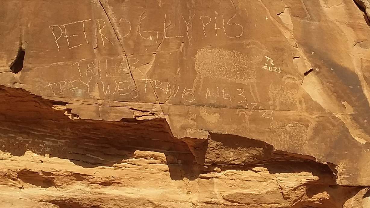 An image of a petroglyph near Moab that was found vandalized on Aug. 10. Bureau of Land Management officials said the petroglyph is at least 700 years old.