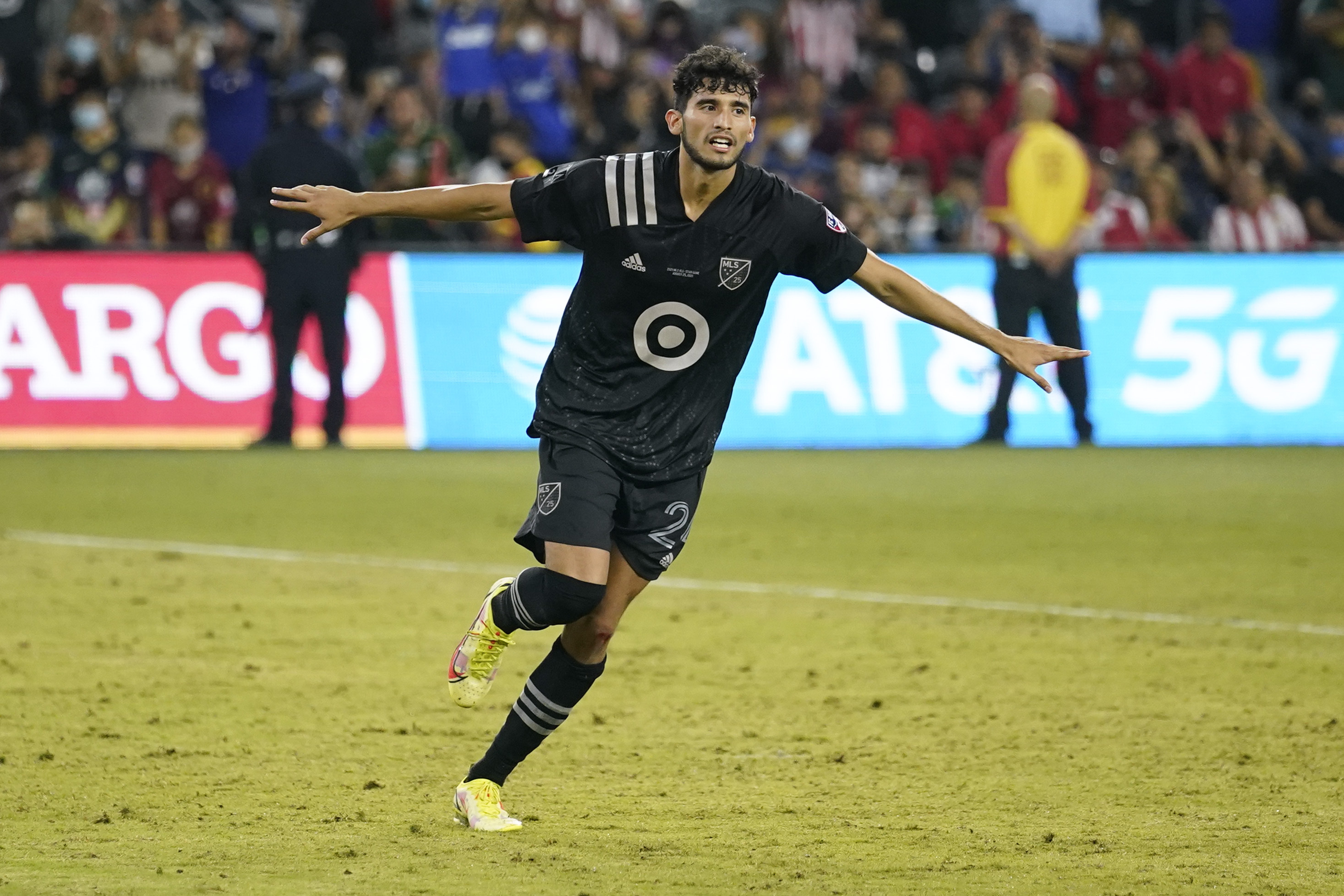 FC Dallas forward Ricardo Pepi (24) celebrates after scoring the winning goal for the MLS All-Stars in a penalty shoot out against the Liga MX All-Stars during the MLS All-Star soccer match Wednesday, Aug. 25, 2021, in Los Angeles.