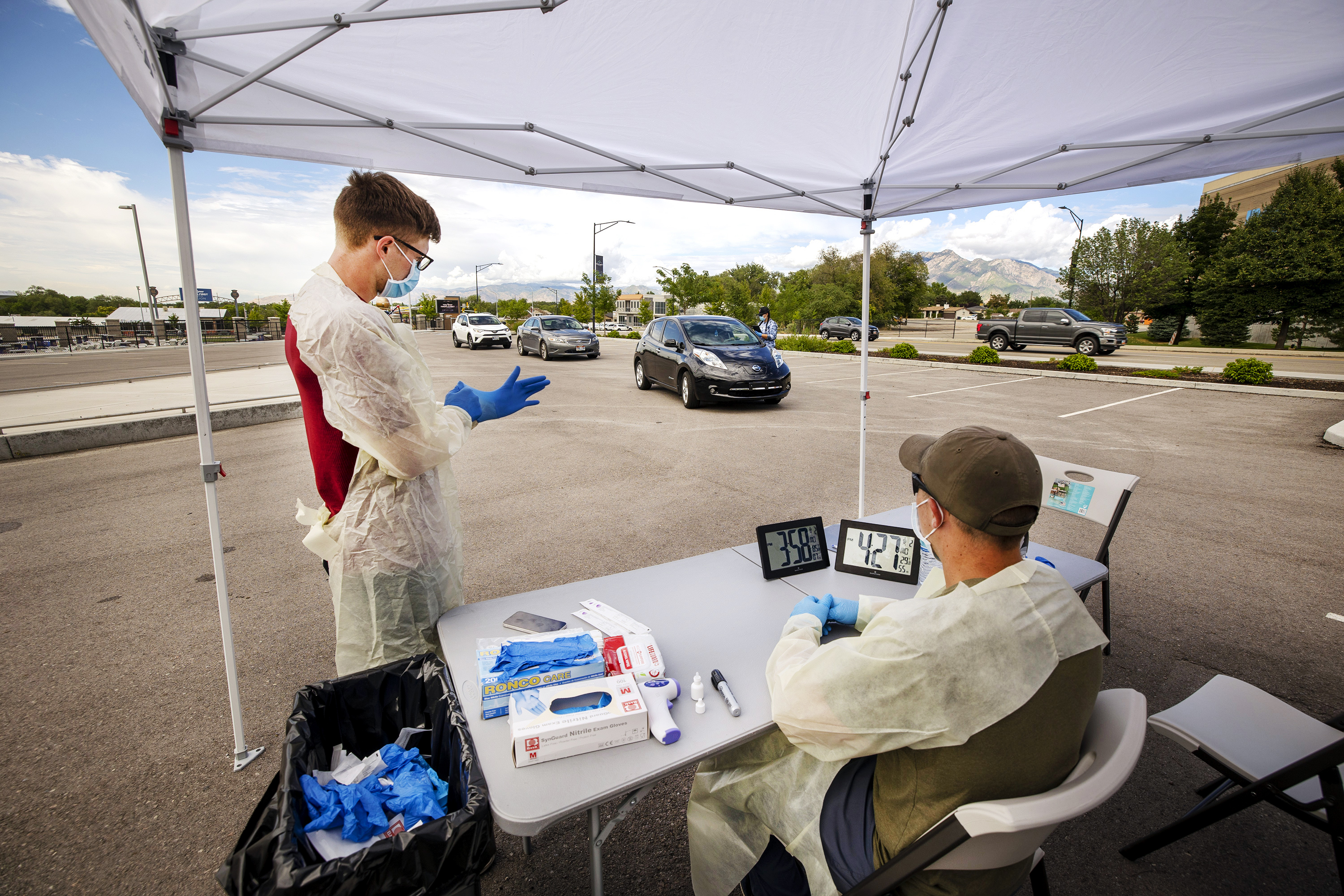 Members of the Utah National Guard work at a COVID-19 testing site at Rio Tinto Stadium on Aug. 2. Health officials reported 1,491 new COVID-19 cases and 10 new deaths tied to COVID-19 in Utah Thursday.