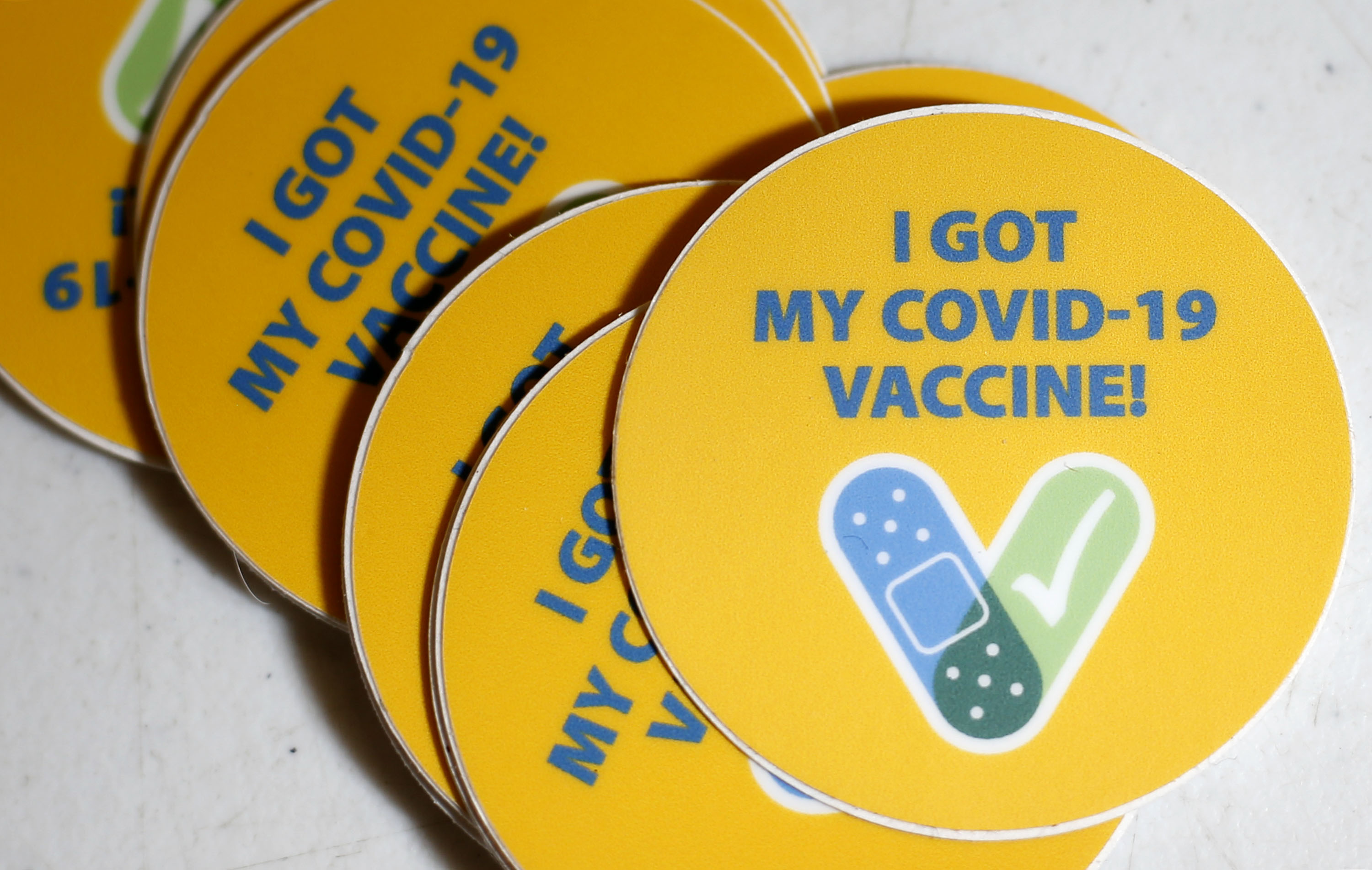 COVID-19 vaccination stickers at the South Davis Senior Activity Center in Bountiful on Wednesday, Aug. 25.