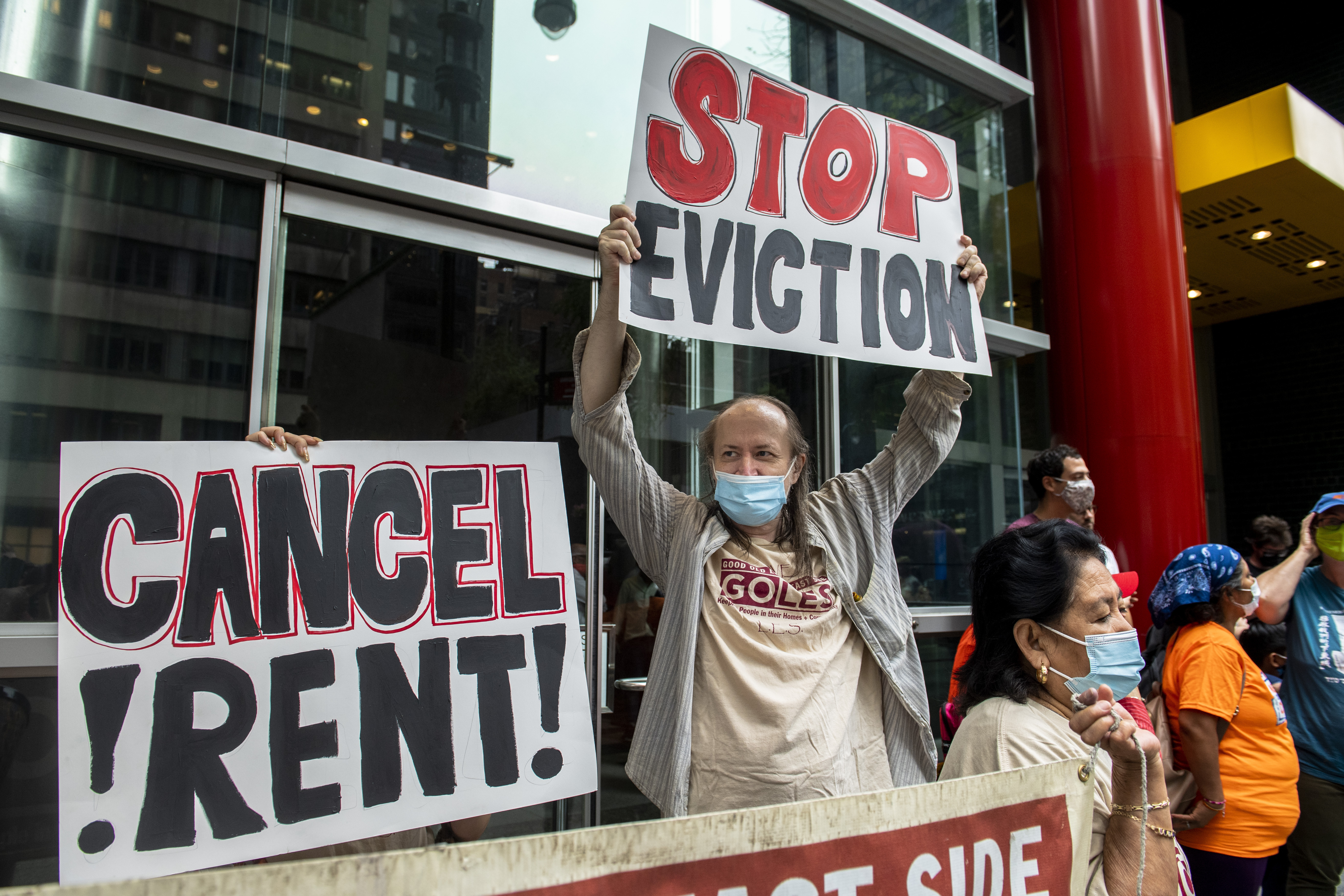 Housing advocates protest on the eviction moratorium in New York on Aug. 4. The Supreme Court is allowing evictions to resume across the United States, blocking the Biden administration from enforcing a temporary ban put in place because of the coronavirus pandemic. 