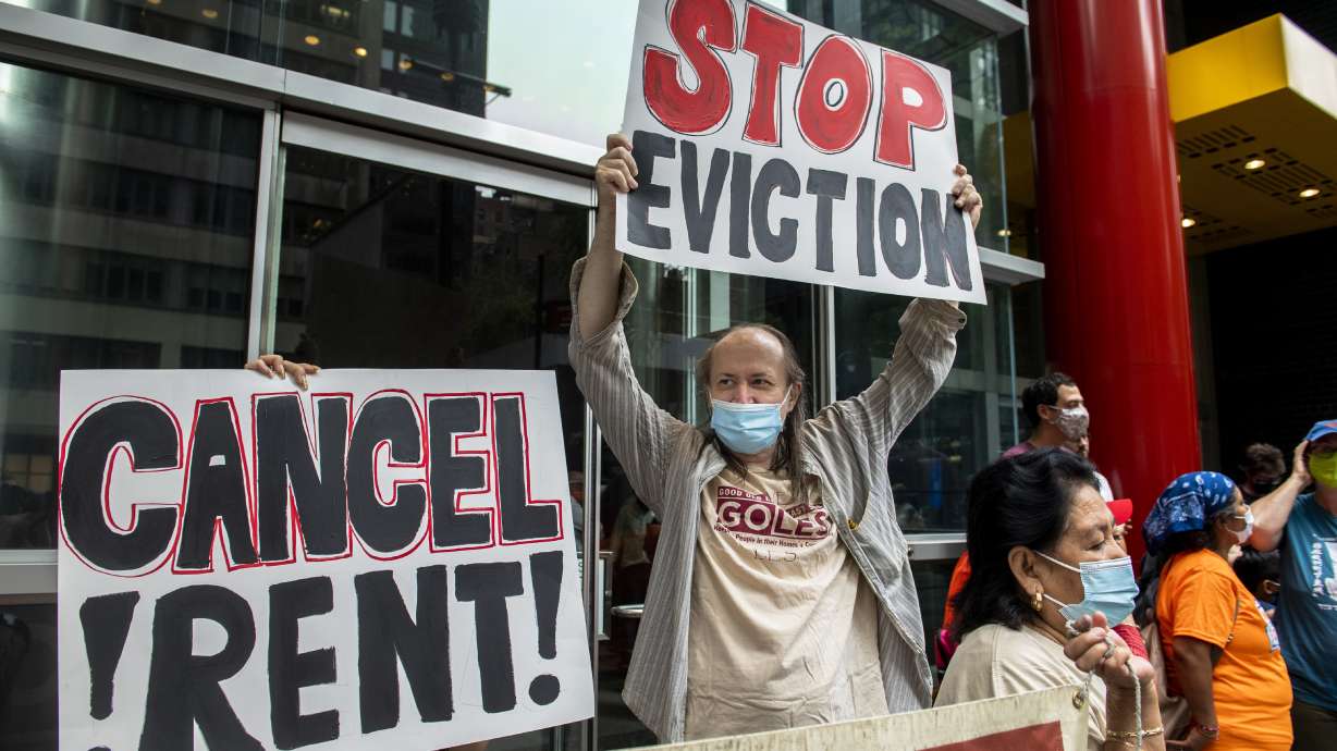 Housing advocates protest on the eviction moratorium in New York on Aug. 4. The Supreme Court is allowing evictions to resume across the United States, blocking the Biden administration from enforcing a temporary ban put in place because of the coronavirus pandemic.