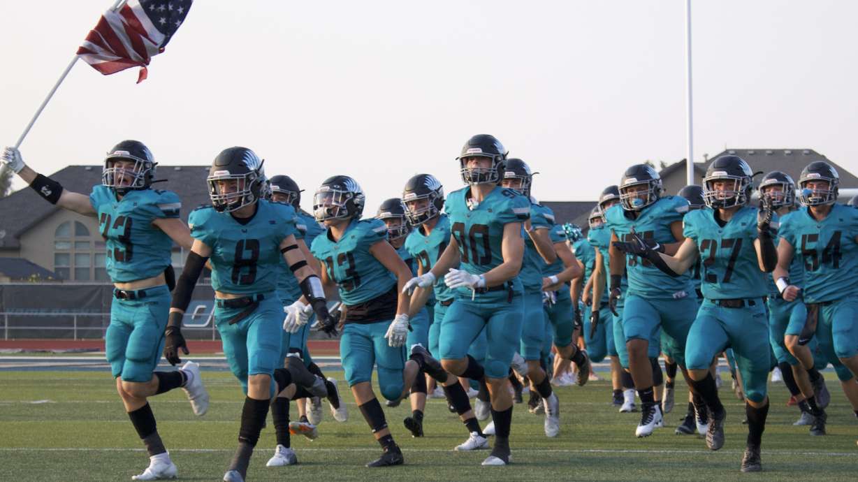 Farmington and Maple Mountain prior to a high school football game at Farmington High School, Thursday, Aug. 26, 2021 in Farmington.