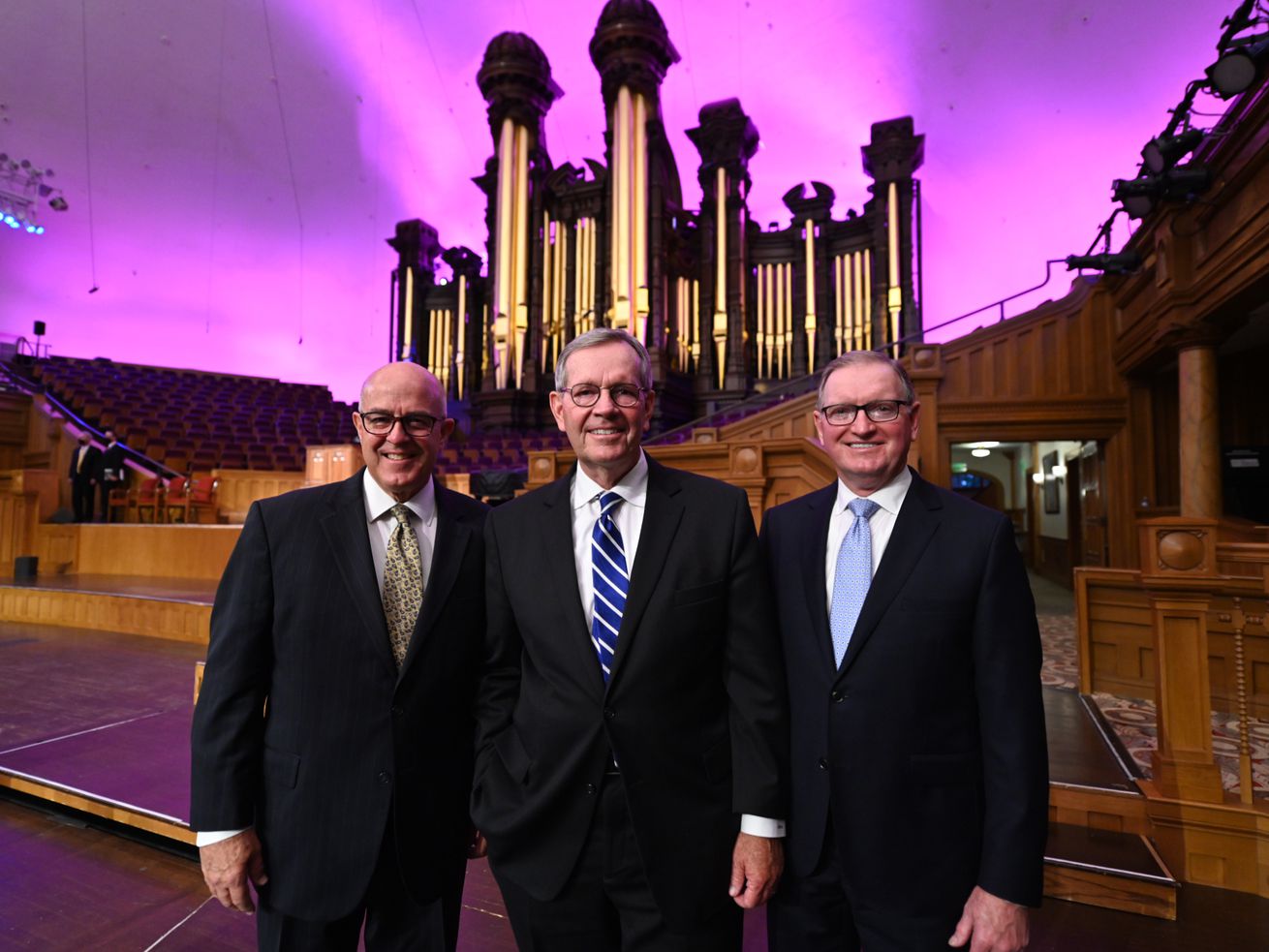 Two counselors have been called to serve with the recently announced president of the Tabernacle Choir at Temple Square. L. Whitney Clayton, left, and Gary B. Porter, right, will serve with choir President Michael O. Leavitt, center.