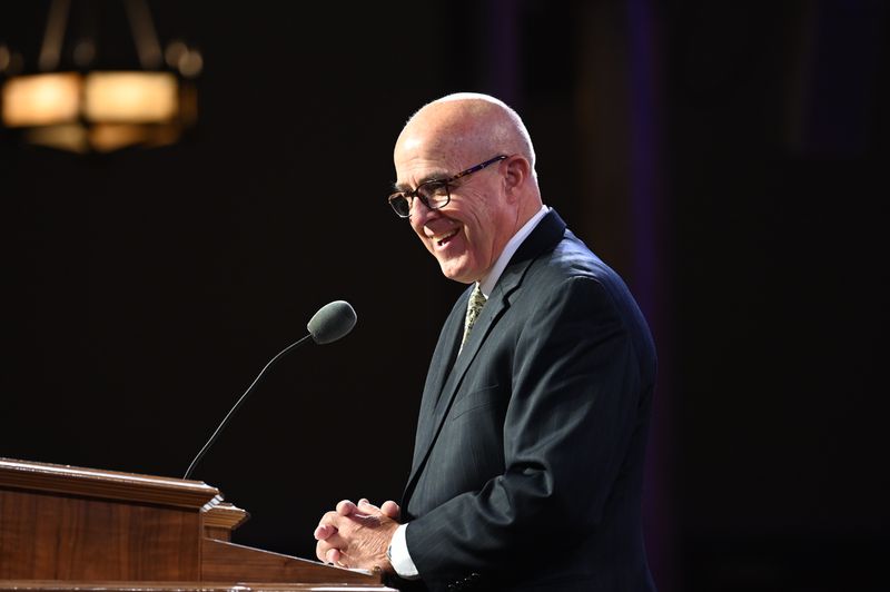President L. Whitney Clayton speaks to members of The Tabernacle Choir at Temple Square in the Tabernacle in Salt Lake City on Thursday. He was sustained as first counselor in the choir’s new presidency.
