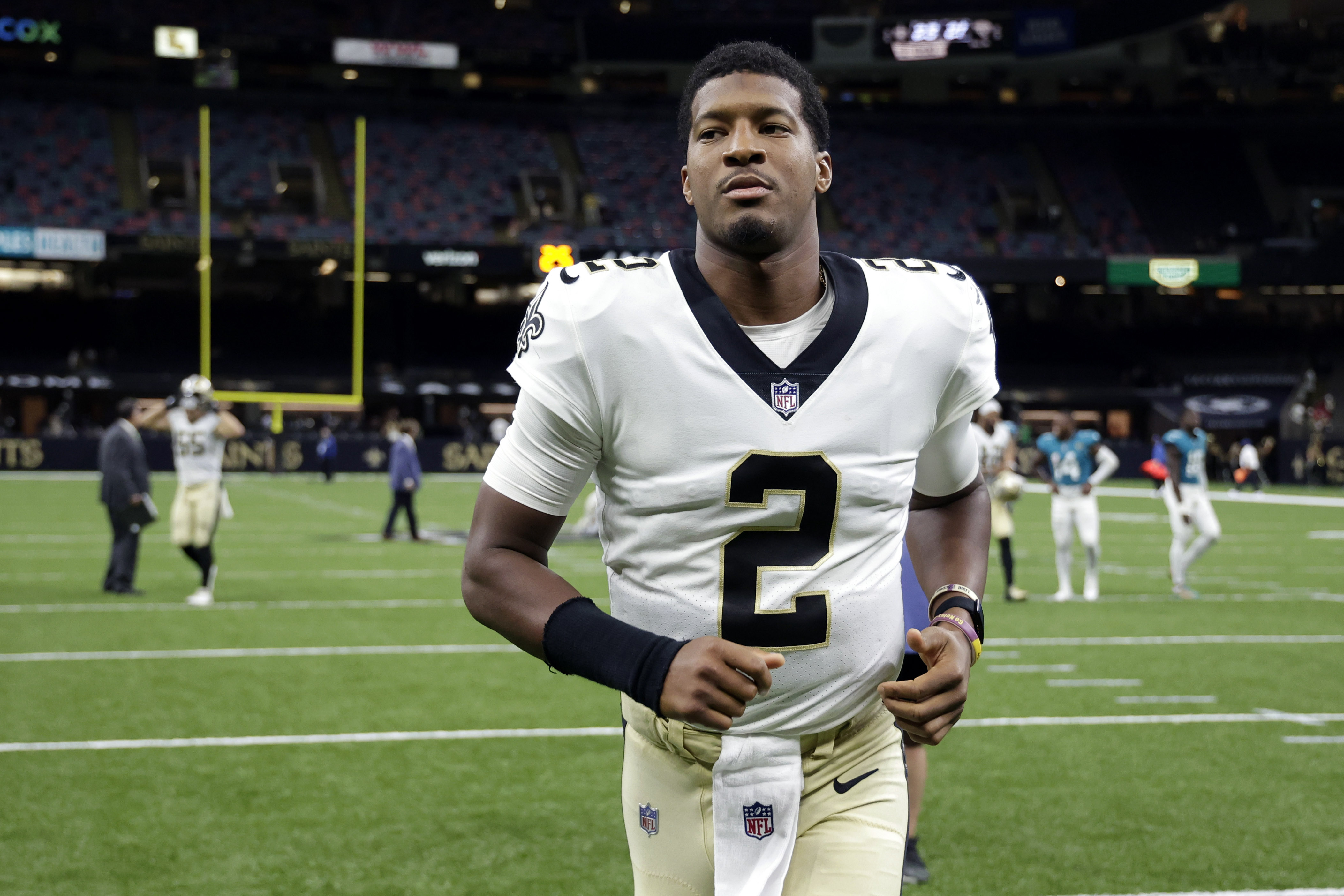 New Orleans Saints quarterback Jameis Winston (2) runs off the field after an NFL preseason football game against the Jacksonville Jaguars in New Orleans, Monday, Aug. 23, 2021. The Saints won 23-21. 