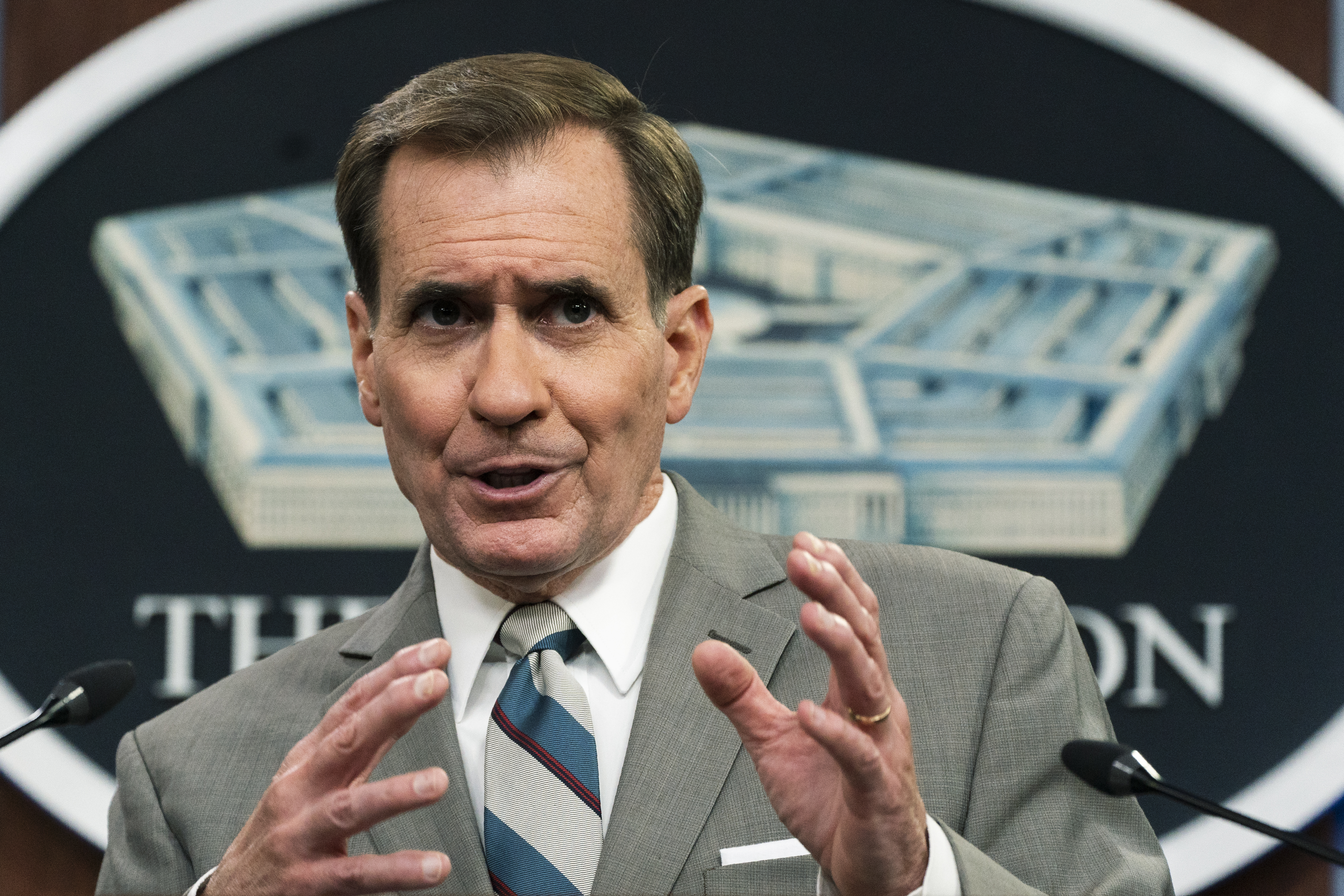 Pentagon spokesman John Kirby speaks about the situation in Afghanistan during a briefing at the Pentagon in Washington, Friday.