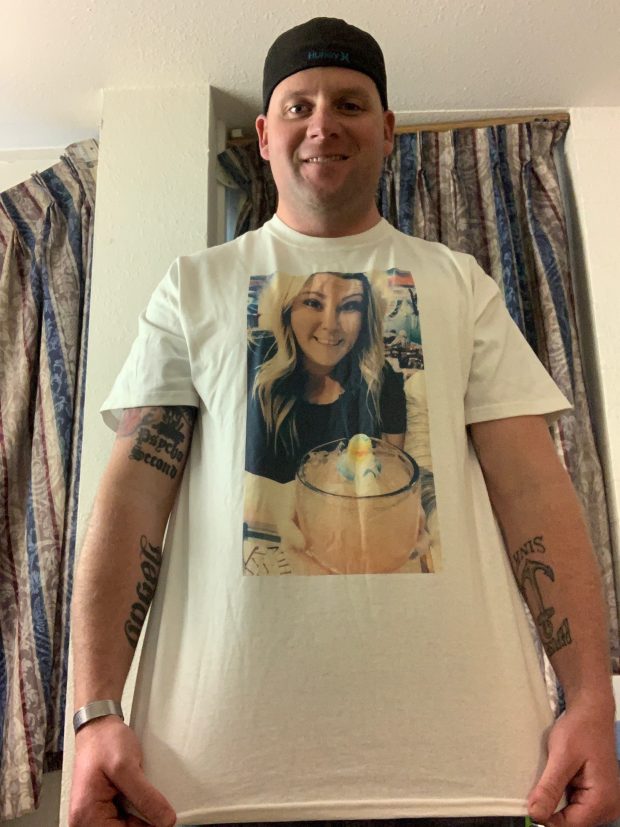 Taylor Hoover wears a shirt with his friend Kayleigh Snedeger's face on it when he couldn’t make it to one of her birthday parties.