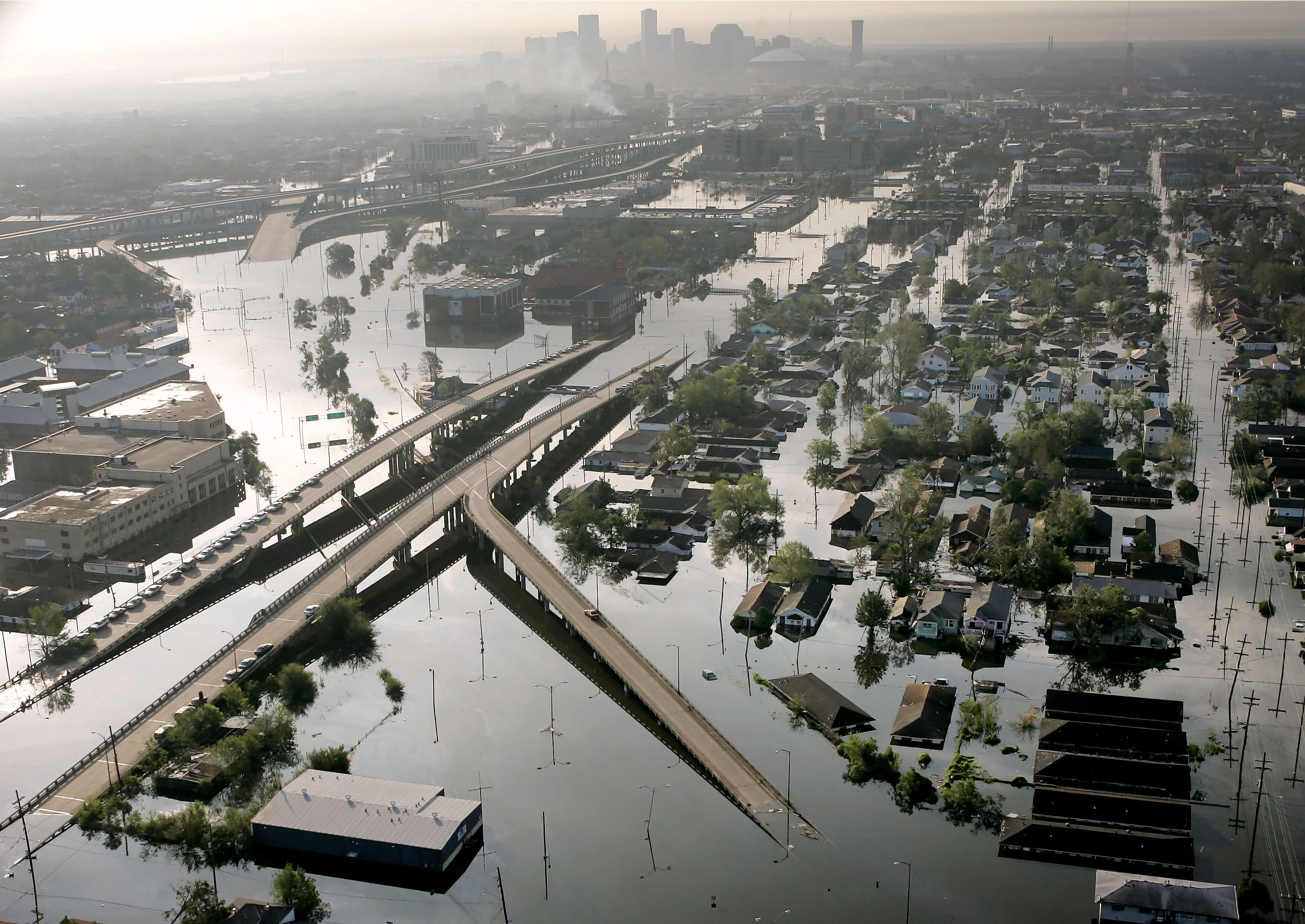 Floodwaters from Hurricane Katrina fill the streets near downtown New Orleans on Aug. 30, 2005.