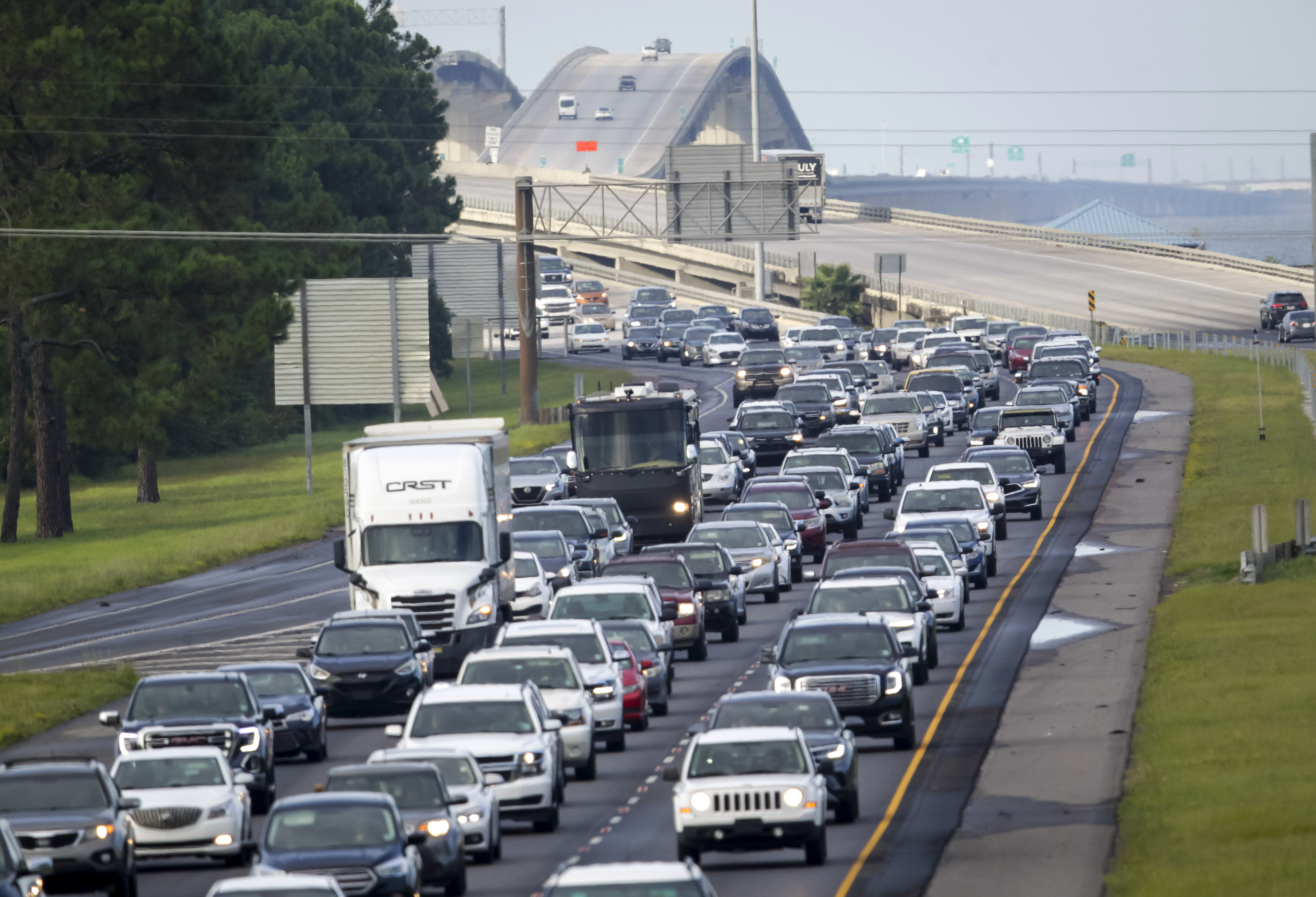 Interstate 10 near Slidell, La., is packed with evacuees heading east Saturday, as Hurricane Ida approaches.