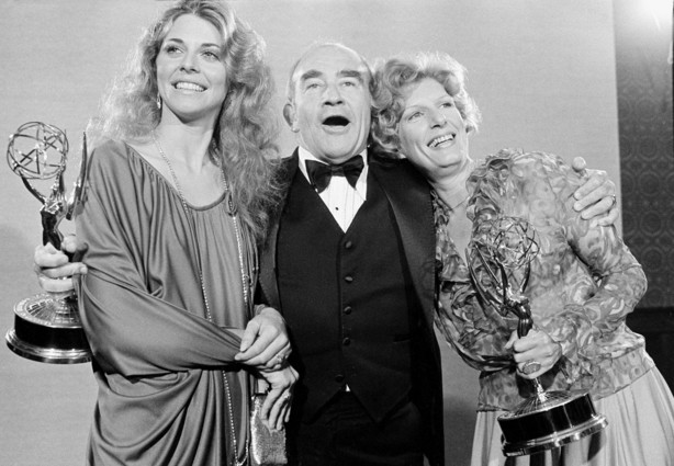 Lindsay Wagner, left, Ed Asner, center, and Nancy Marchand pose at the 30th annual Primetime Emmy Awards at the Pasadena Civic Auditorium, in Pasadena, Calif. Asner won Outstanding Lead Actor in a Drama Series for "Lou Grant."