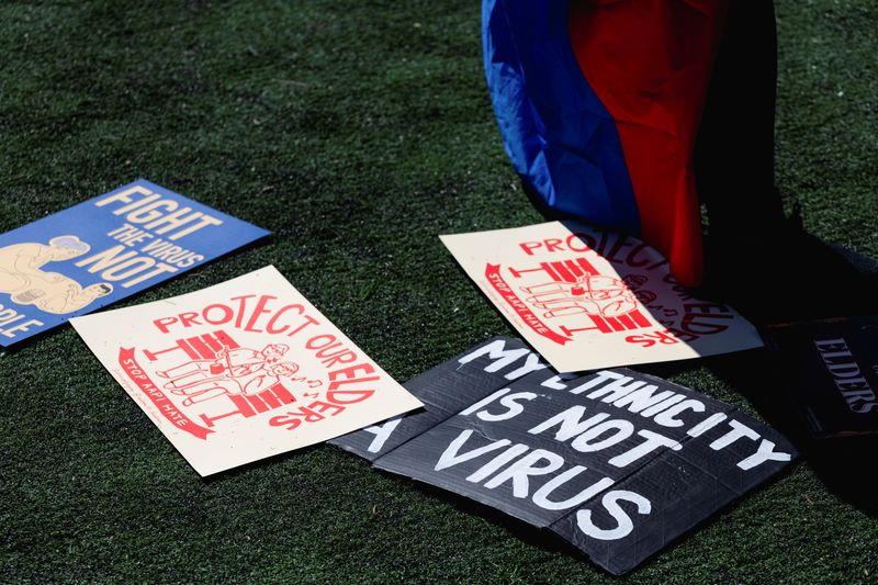 Signs are spread on the ground during a Rally Against Hate to end discrimination against Asian Americans and Pacific Islanders in New York City on March 21. The number of hate crimes in the United States rose last year to the highest level in more than a decade the FBI reported on Monday.