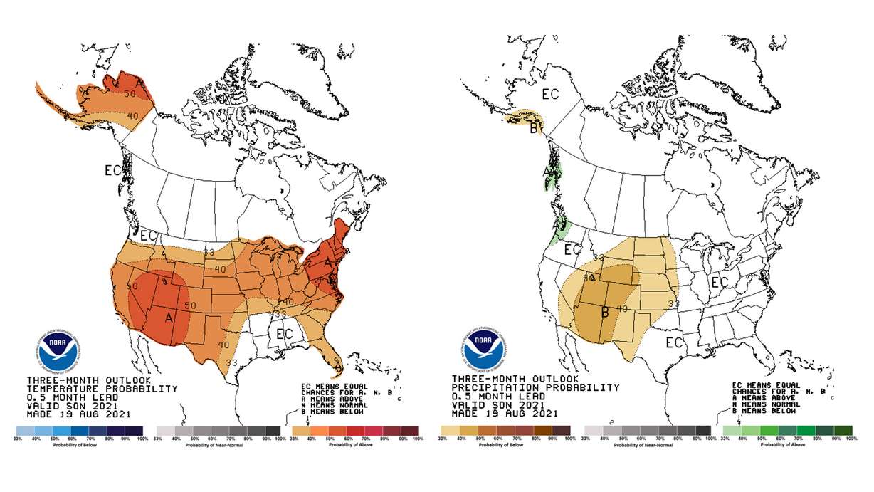 These maps, created by the.National Weather Service's Climate Prediction Center, show the three-month outlook for temperature and moisture for the collective span of September, October and November 2021. Utah is among the U.S. areas expected to experience warmer and drier conditions.