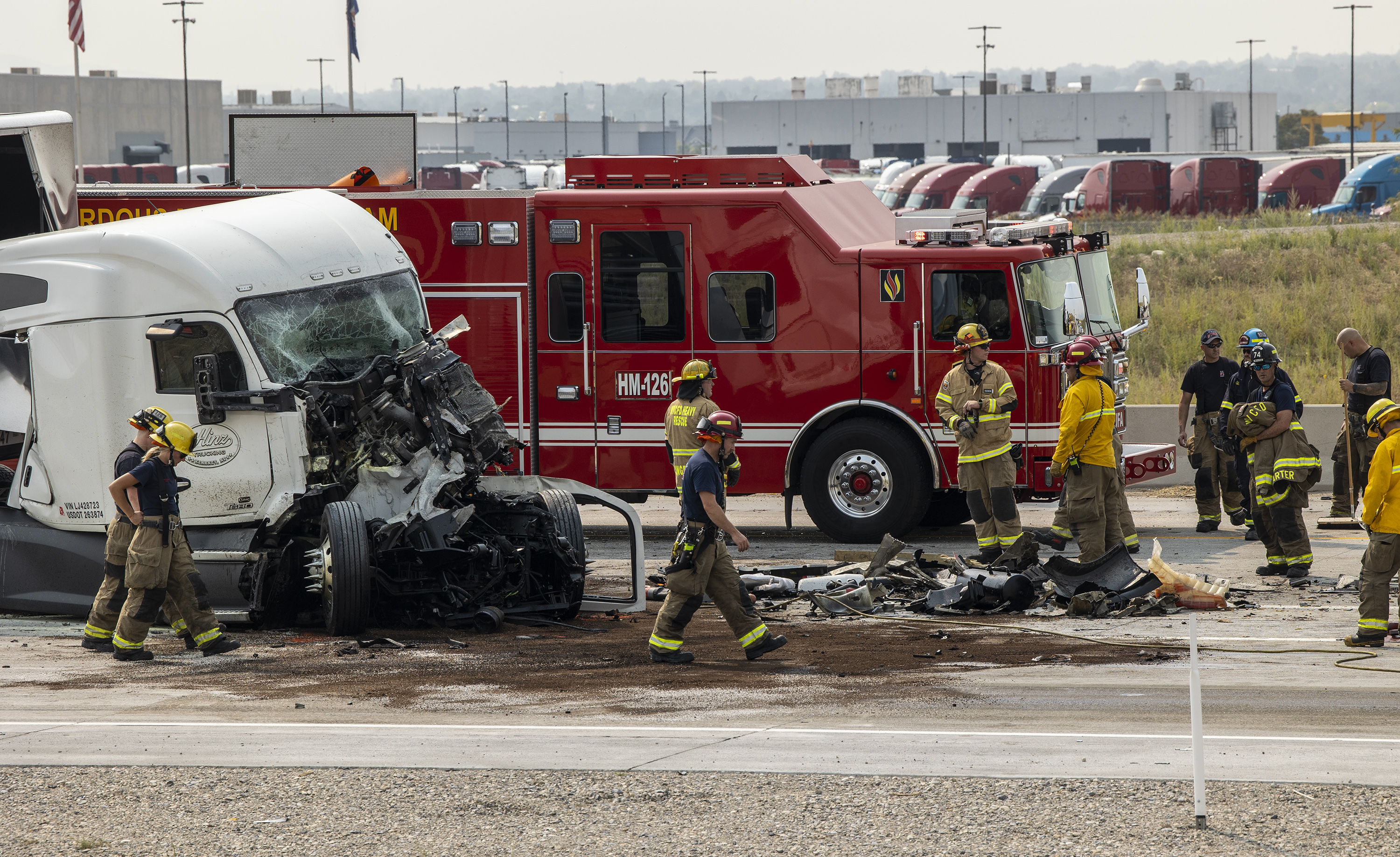 Emergency crews respond to a fatal semitruck accident on state Route 201 at 5600 West in West Valley City on Monday.