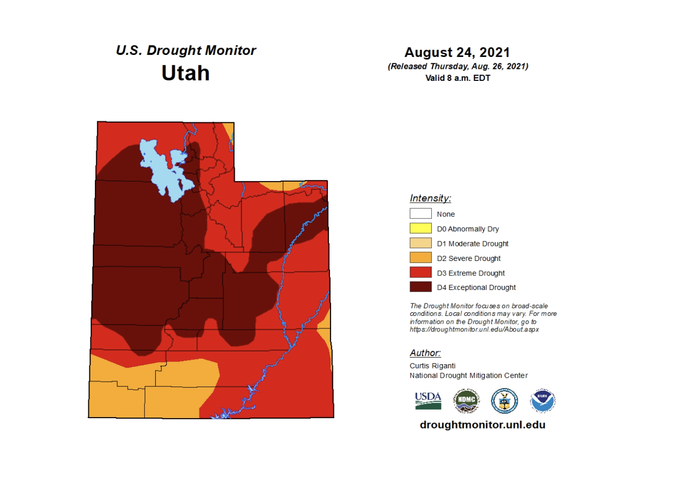 This graph displays the extreme drought conditions in the state of Utah on Aug. 24, 2021.