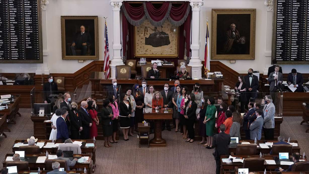 State Rep. Donna Howard, D-Austin, stands with fellow lawmakers in the House Chamber in Austin, Texas, on May 5. A Texas law banning most abortions in the state took effect Wednesday.