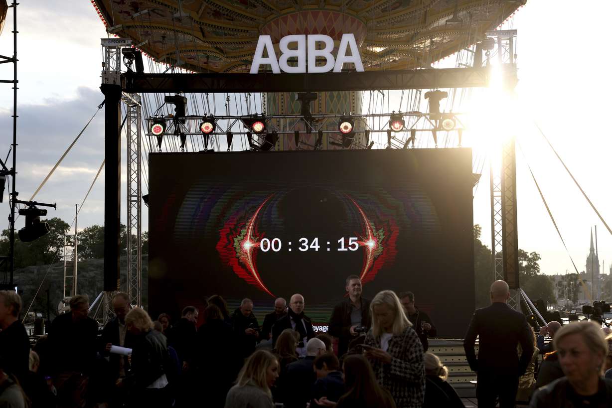 A view of a countdown to the ABBA Voyage event at Grona Lund, in Stockholm, Sweden, Thursday, Sept. 2, 2021. ABBA is releasing its first new music in four decades, along with a concert performance that will see the “Dancing Queen” quartet going entirely digital. The forthcoming album “Voyage,” to be released Nov. 5, is a follow-up to 1981?s “The Visitors,” which until now had been the swan song of the Swedish supergroup. And a virtual version of the band will begin a series of concerts in London May 27.