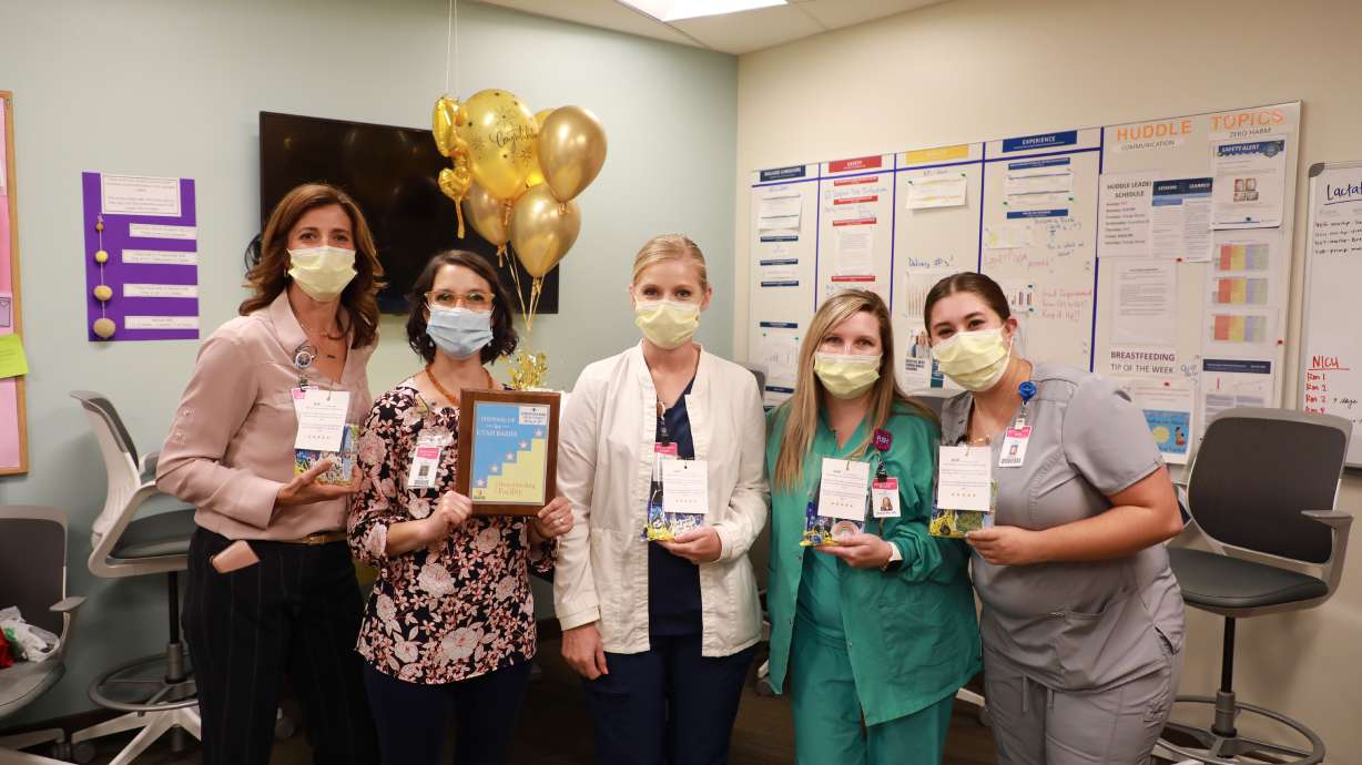 Layton Hospital mom and baby unit caregivers Danice Lewis, Holly Hill, Beth Hendrickson, Sam Orr and Madison Franc celebrate the hospital earning a five-star ranking from the Utah Department of Health for being a breastfeeding-friendly facility.