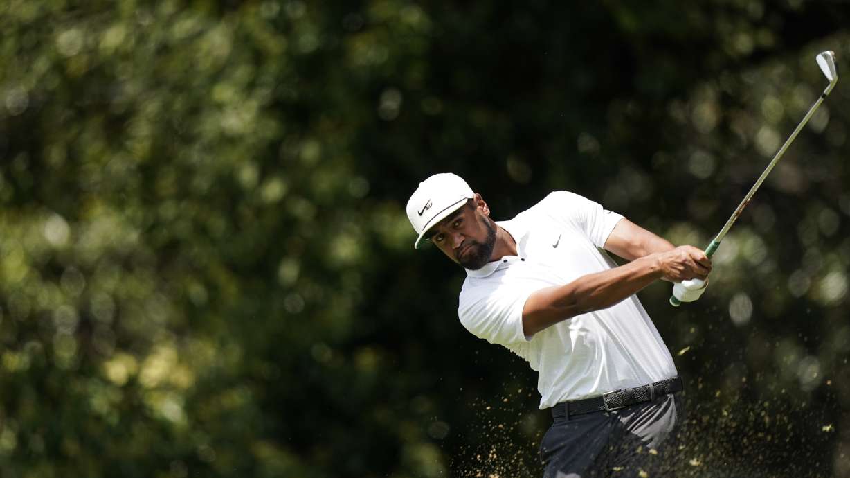 Tony Finau hits from the second tee during the first round of the Tour Championship golf tournament Thursday, Sept. 2, 2021, at East Lake Golf Club in Atlanta.